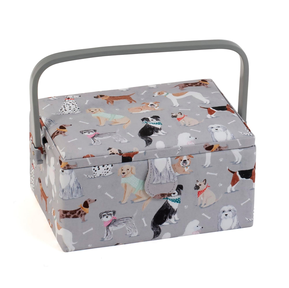 Hobby Gift Exclusive Medium Sewing Craft Hobby Storage Box, Accessories Tray Pin Cushion Pocket PVC Handle 18.5 x 25.5 x 14.5cm, Grey Dogs, Graue