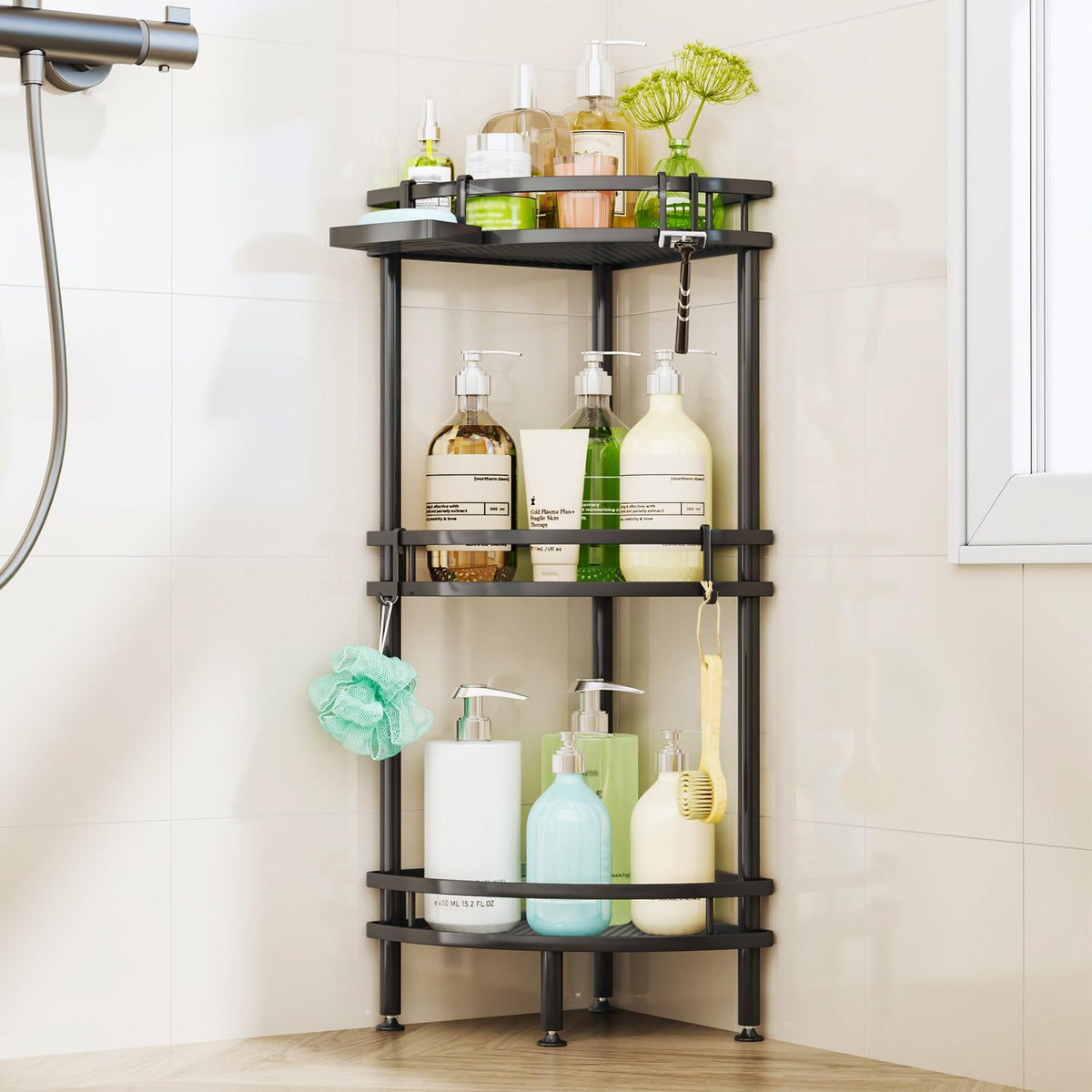 HapiRm Freestanding Shower Caddy Corner- 3-Tier Rustproof Shower Corner Shelves with Soap Tray and 4 Hooks, Space-Saving Bathroom Caddy for Bathroom
