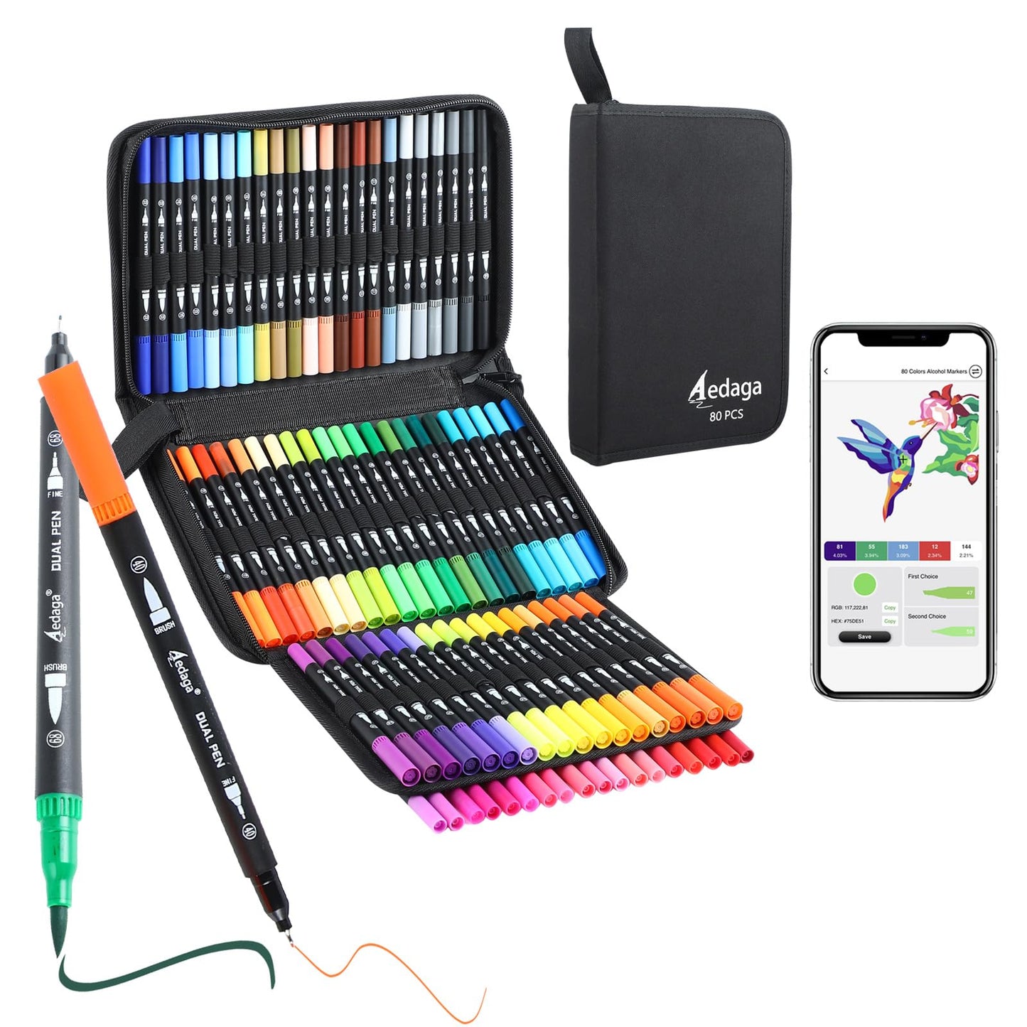 AEDAGA 80 Numbered Dual Tip Colouring Pens with Free App,Felt Tip Pens for Adult Colouring Books,Brush Markers Art Supplies for Calligraphy Drawing