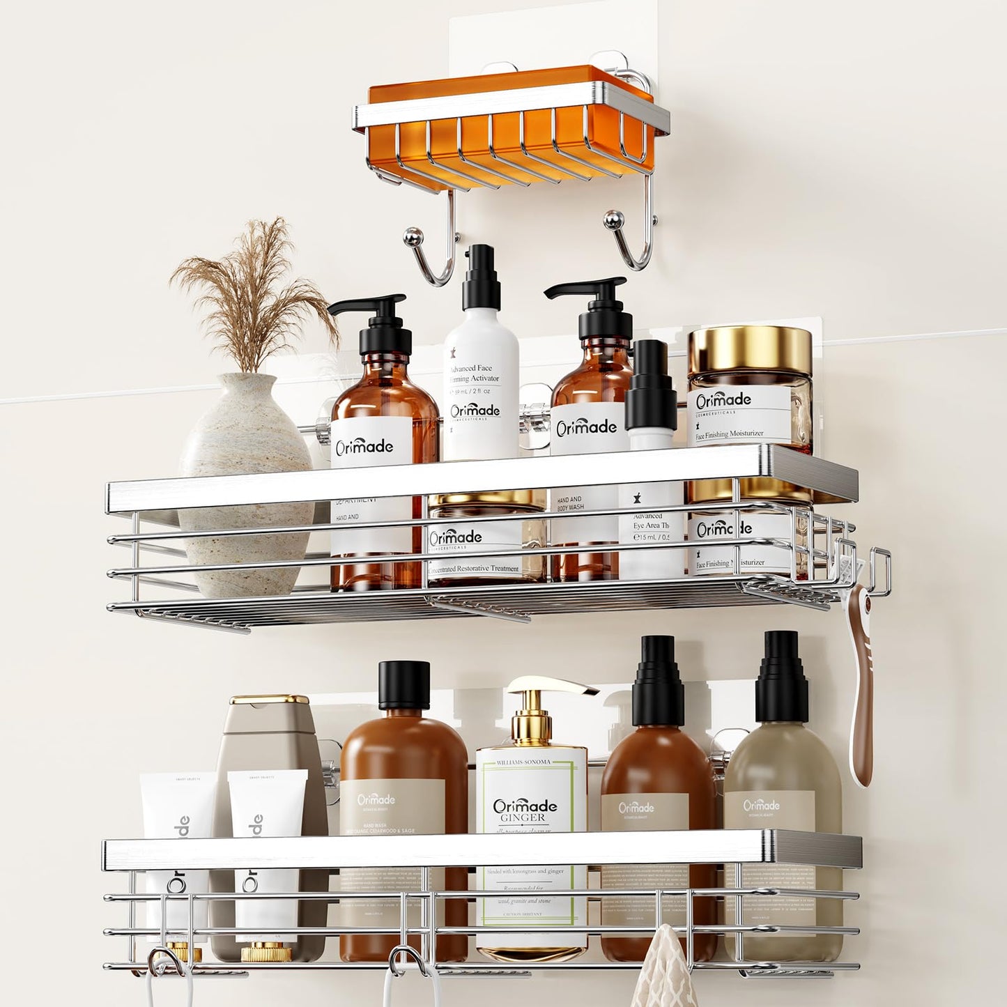Orimade Adhesive Shower Caddy Soap Dish Holder Shelf with 5 Hooks Bathroom Organizer Basket Kitchen Storage Rack Wall Mounted No Drilling Stainless