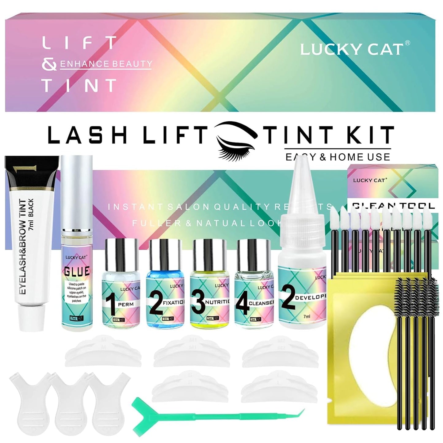 Lash Lift and Black Kit, Professional Brow Lamination and Black Kit, 4 In 1 Eyelash & Eyebrow Perm Kit, Quick Lifting & Voluminous Coloring, Easy to