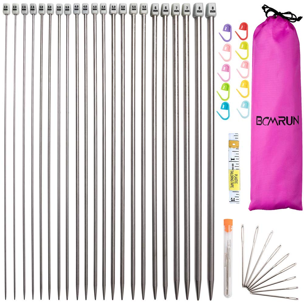 Knitting Needle Set,BCMRUN 22PCS 2mm(B)-8mm(L) Straight Single Pointed Stainless Steel Sweater Needles Set(11Pair-11Size,14 inch)with Locking Stitch