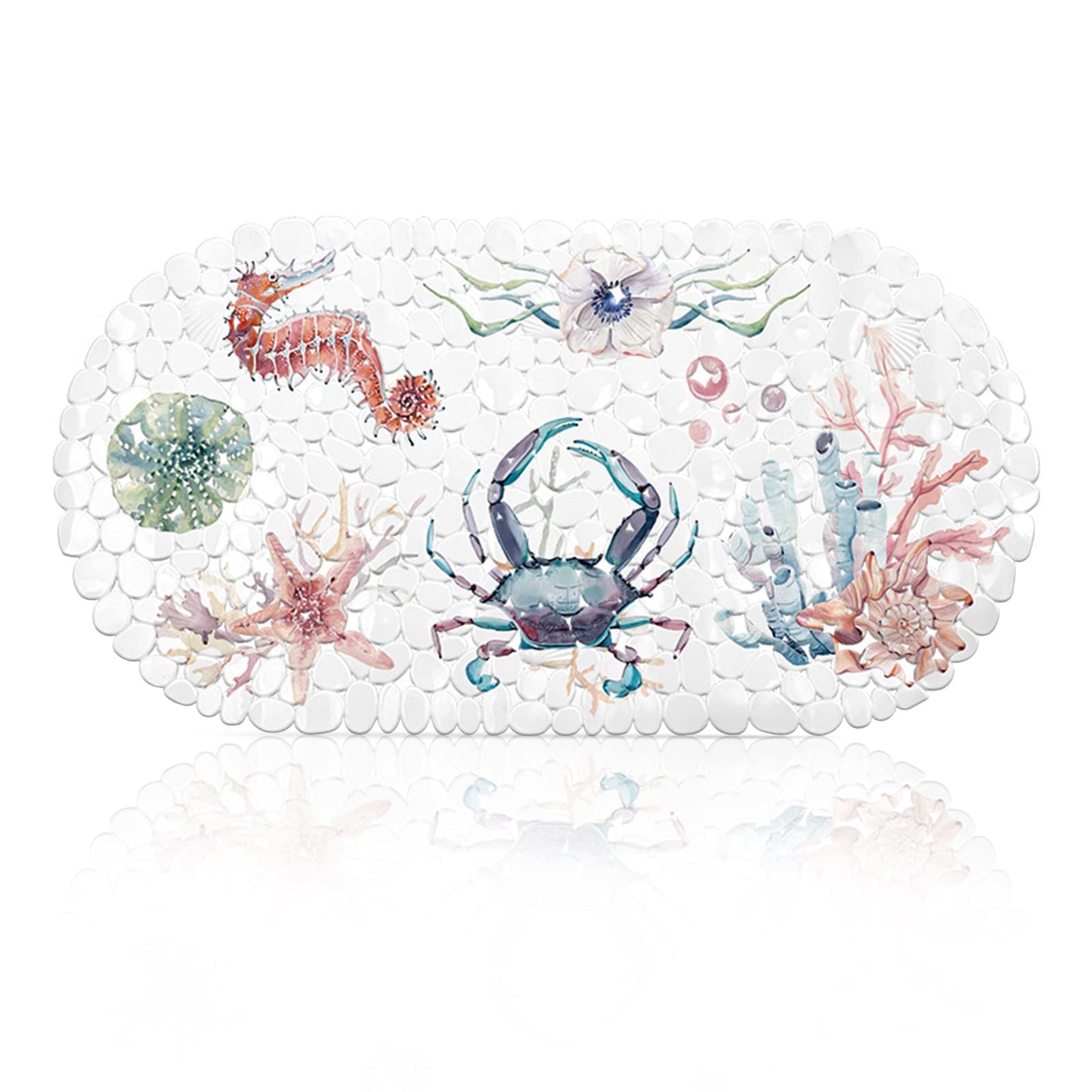 QZDAFFIC Shower Bath Mat Non Slip Anti Mould, Non Slip Bath Mat Washable Shell Pebbles Shape with Drain Holes & Suction Cups 69x35cm (Seahorse Crab)