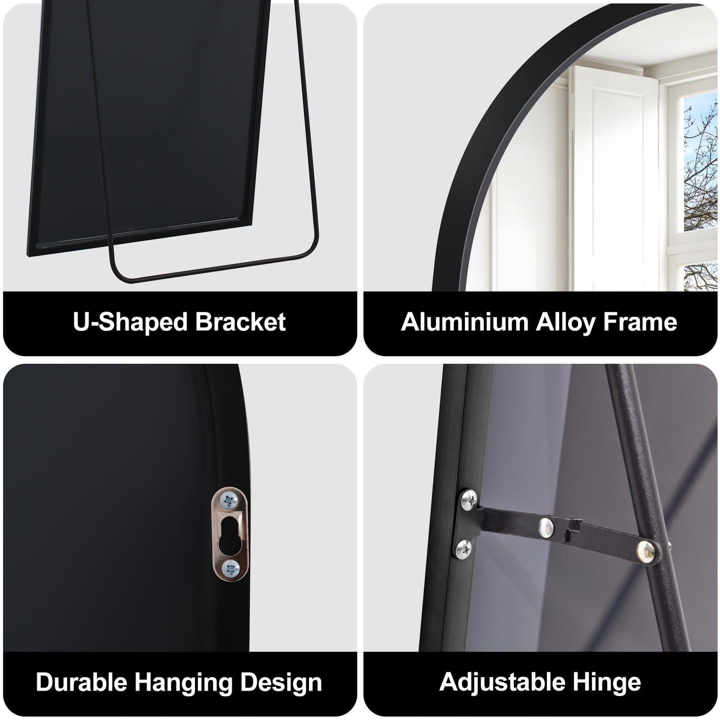 COFENY Arch Full Length Mirror, 165 x 60 cm Black Full Body Mirror with Aluminum Frame, Large Wall Mirror Standing Leaning or Hanging, Floor Mirror