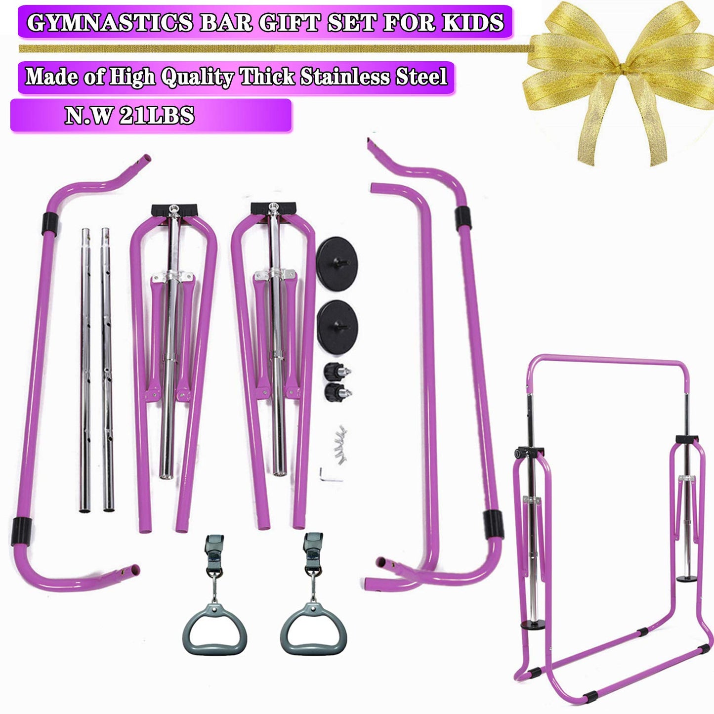 Gymnastic Bar Kids with Flying Ring Folding Adjustable Height Horizontal Gift Set, Expandable Gym Training Bar Equipment for Boys Girls Color Pink
