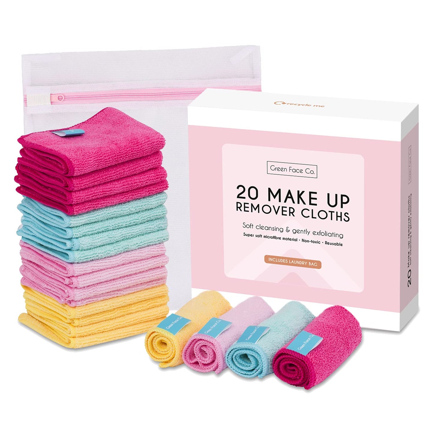 Green Face Co 20 Microfibre Makeup Remover Wipes with Laundry Bag | Pack of 20cm x 20cm Reusable Soft Facial Cloths for Beauty Routine | Perfect Make