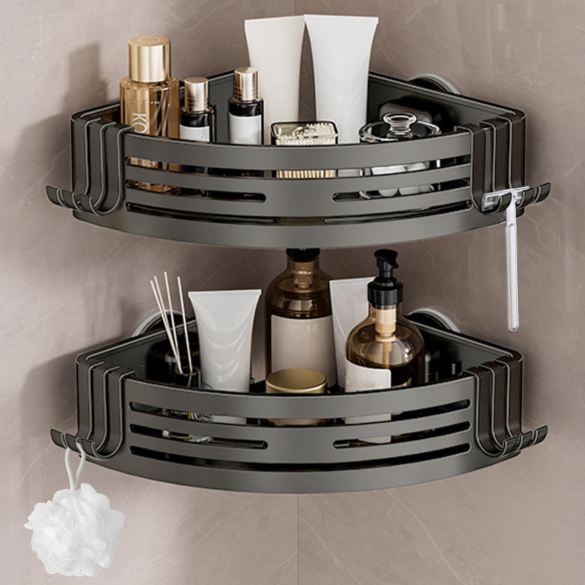 Lekesky Corner Shower Caddy Suction Cup, Corner Shower Shelf with Hooks, Bathroom Shelves No Drilling, Bathroom Organiser for Bathrooms Storage