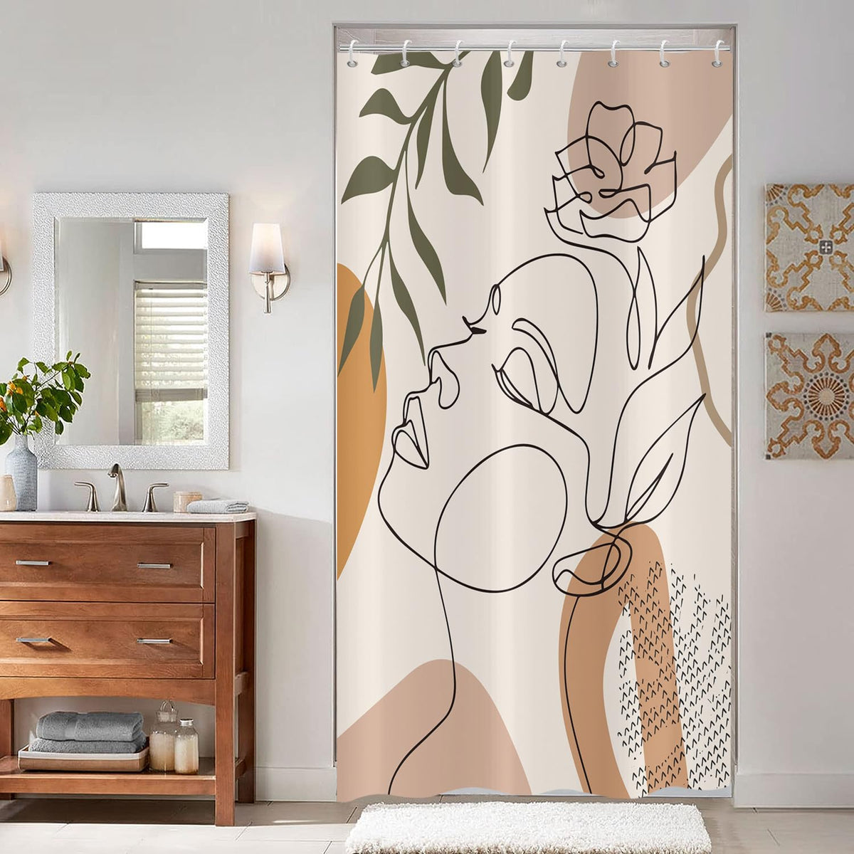 ASDCXZ Shower Curtain Beige 120x180 cm Boho Style, Modern Abstract Art Girl Face Flower Green Leaves Washable Shower Curtains Polyester Textile