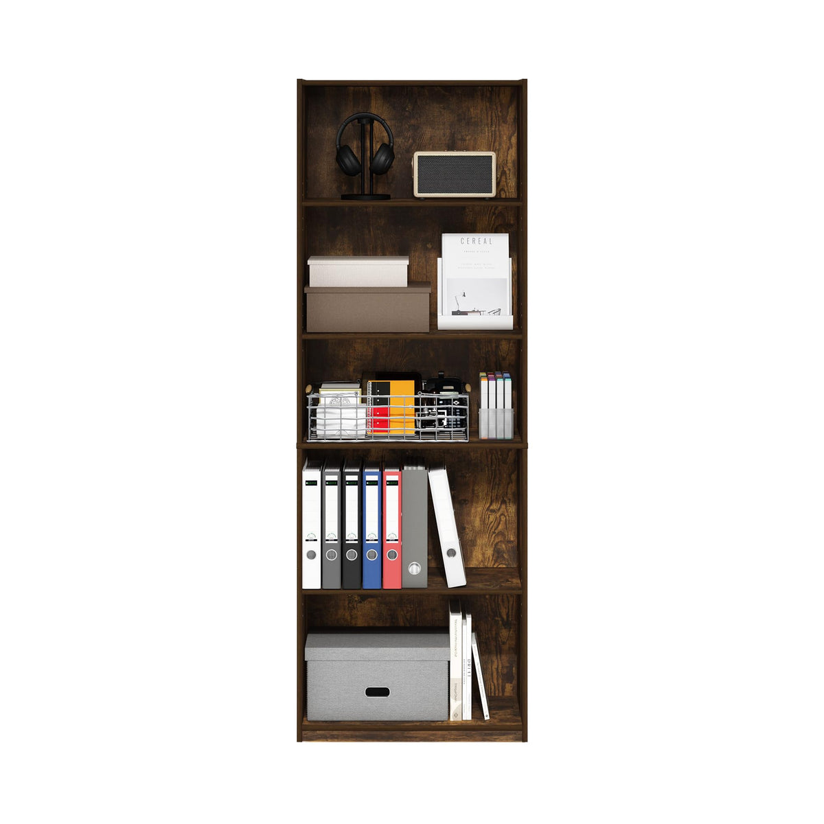 Furinno GEHRY Book Shelf, 5-Tier Bookshelf, Bookcase with Adjustable Shelves, 29.5 x 63 x 181.4 cm, for Living Room, Bedroom, Home Office, Amber Pine