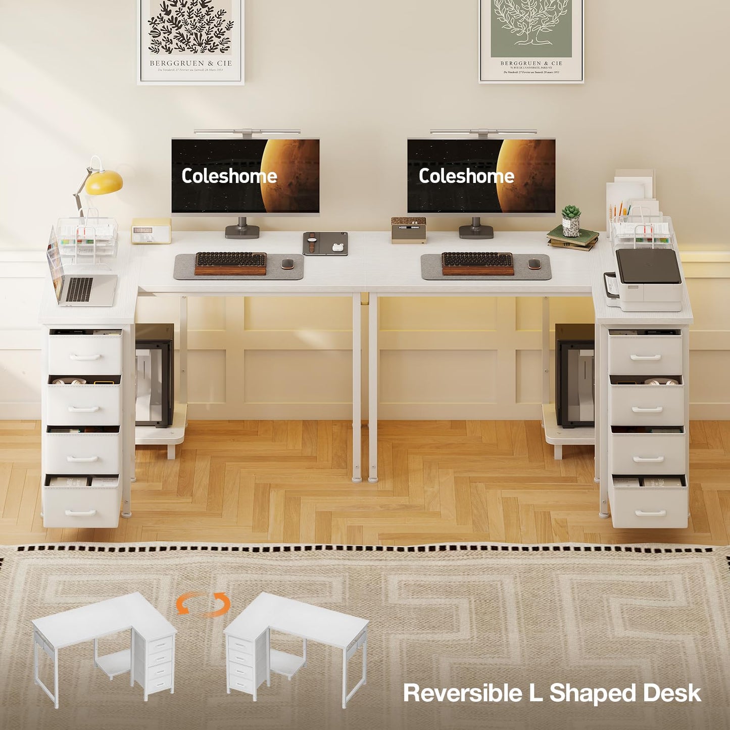 Coleshome Small Corner Desk with Drawers for Home Office, 100x70 cm, White