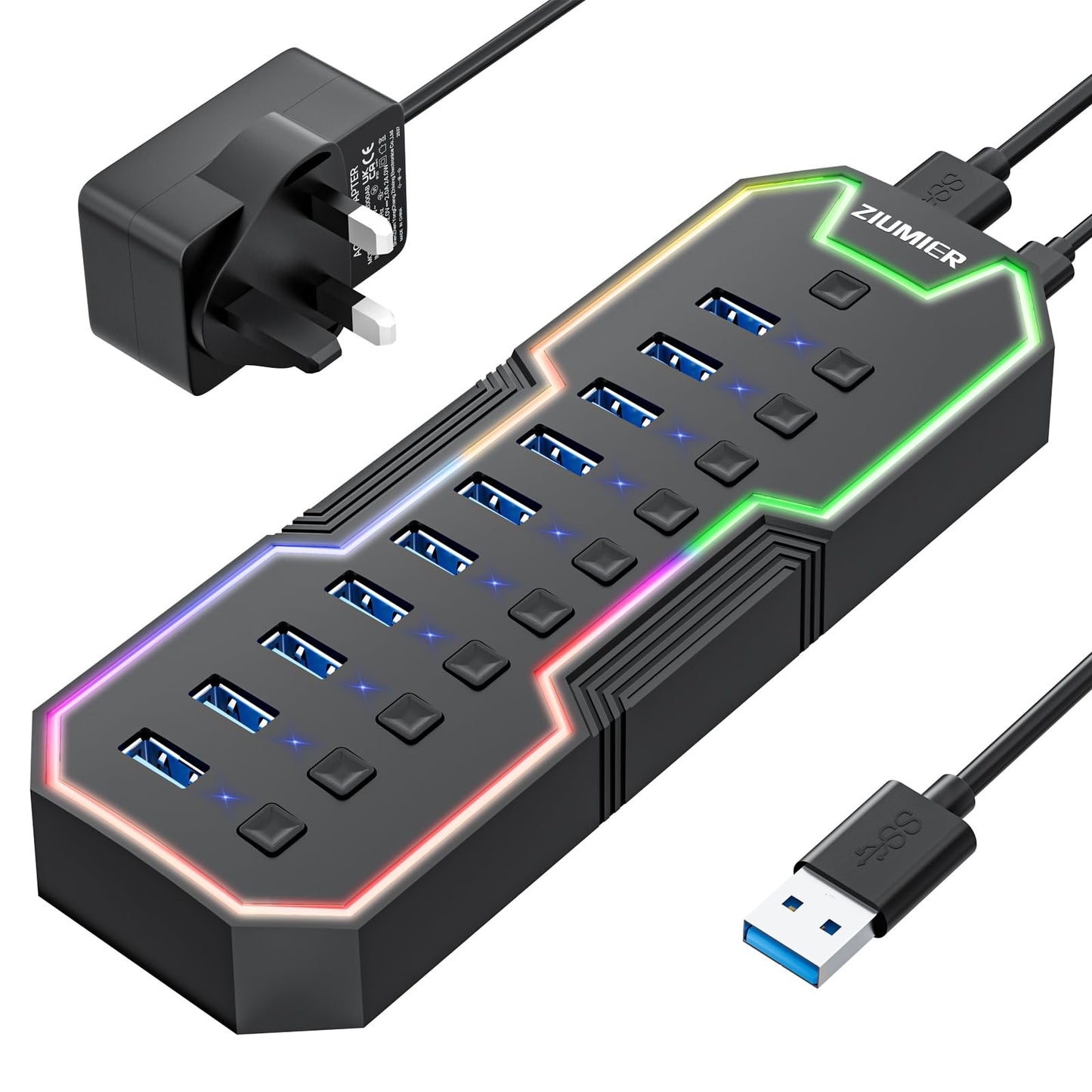 ZIUMIER Powered USB Hub, 10 Ports USB 3.0 Hub with RGB LED Strip and 12V/2A Power Adapter USB Extension for MacBook, Mac Pro, Mac mini, iMac, Surface