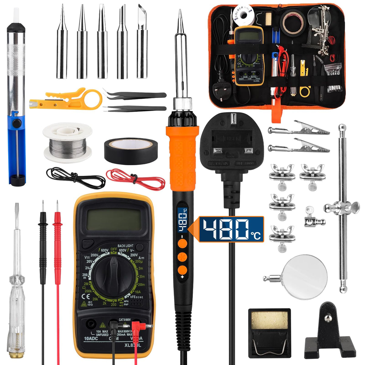 Soldering Iron Kit 90W with LCD Adjustable Temperature 180-480?C Fast Heating Ceramic Core, 19 Piece Soldering Kit with 5 Tips, Desoldering Pump,