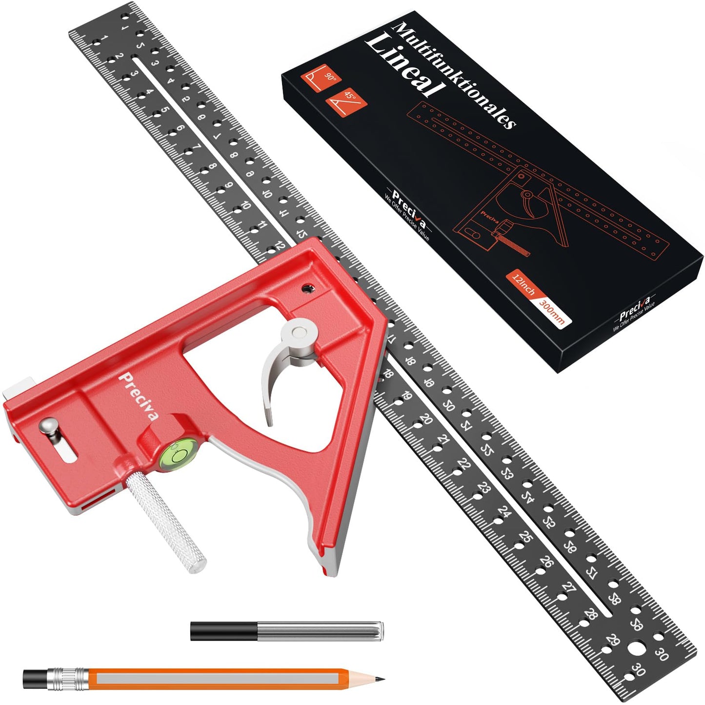 Preciva Combination Square with Pencil, 12Inch/300mm Engineers Speed Squares 45/90 Degrees with Bubble Level, Aluminum Alloy Carpentry Tools,