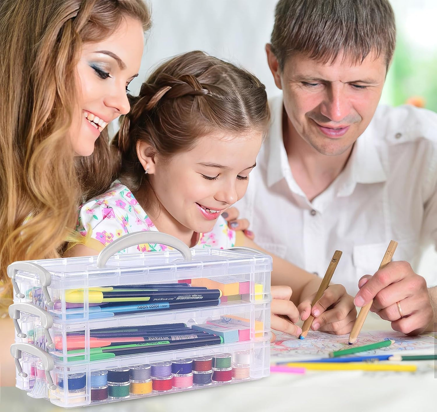 AUTUUCKEE 2pcs Craft Storage Box with Lid, 3 Tier Clear Plastic Storage Box with Handle, Portable Pencil Case Pen Storage