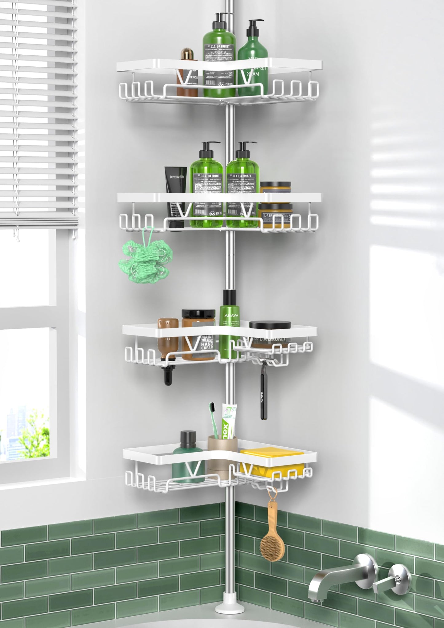 Kegii Telescopic Shower Caddy Corner - Stainless Steel Shower Shelf No Drilling Bathroom Caddy with Soap Holder and Hooks(White), On The Bath or Stand