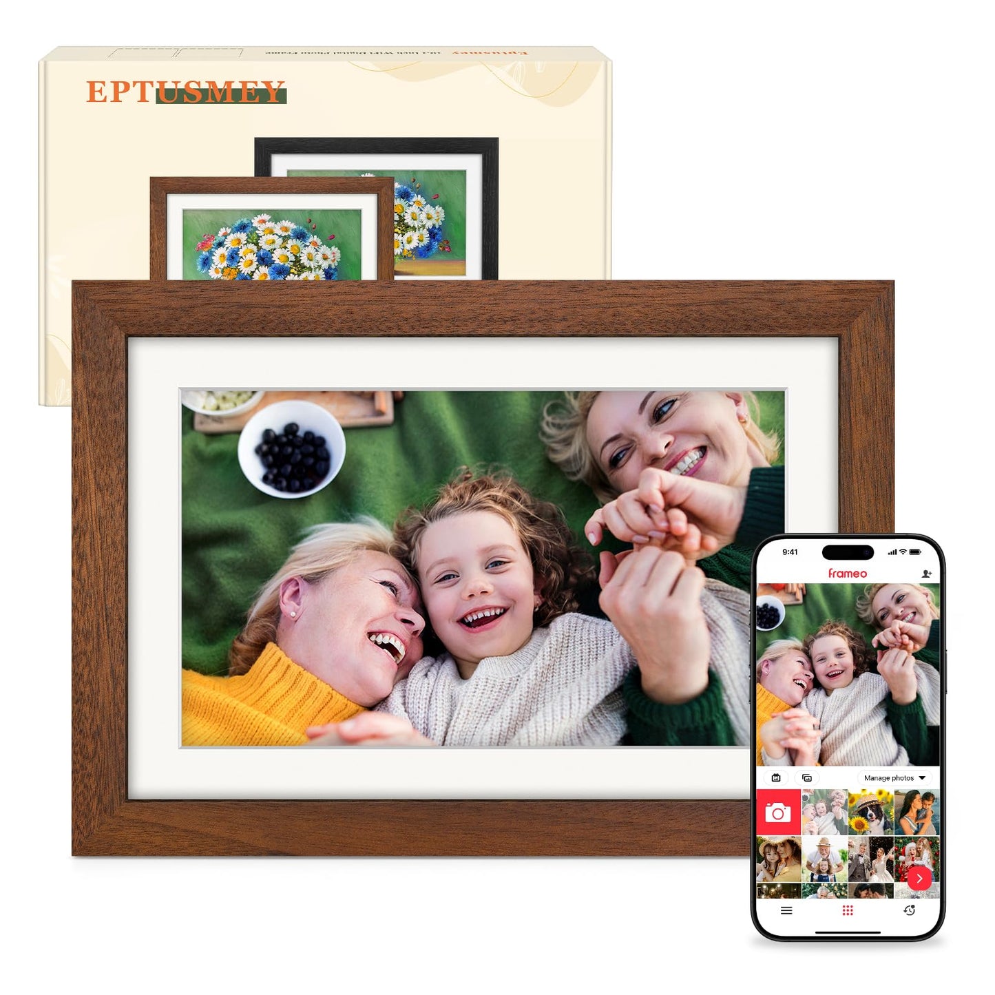 Frameo Digital Photo Frame WiFi Walnut Wood Frame 10.1 Inch Picture Frame with 1280x800 HD IPS Touchscreen, Built-in 32GB, Send Photo Video via Frameo