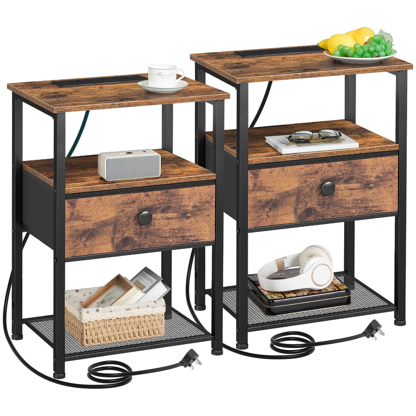 AMHANCIBLE Bedside Table Set of 2 with Charging Station, Nightstand with Fabric Drawer and Open Storage Shelf, Small Side Table, Bedside Cabinets for