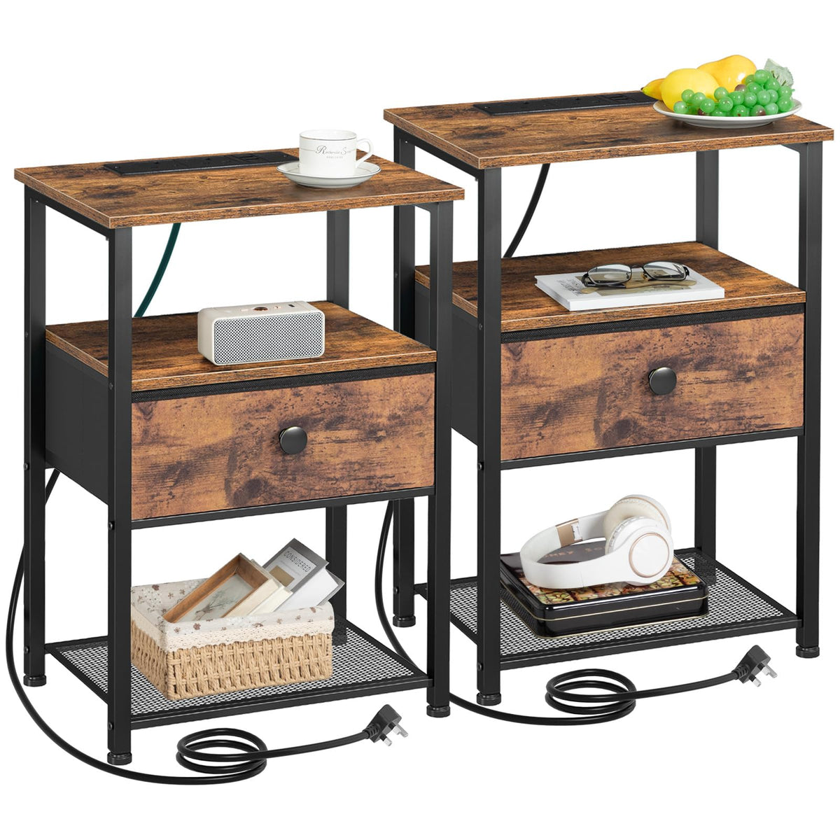 AMHANCIBLE Bedside Table Set of 2 with Charging Station, Nightstand with Fabric Drawer and Open Storage Shelf, Small Side Table, Bedside Cabinets for