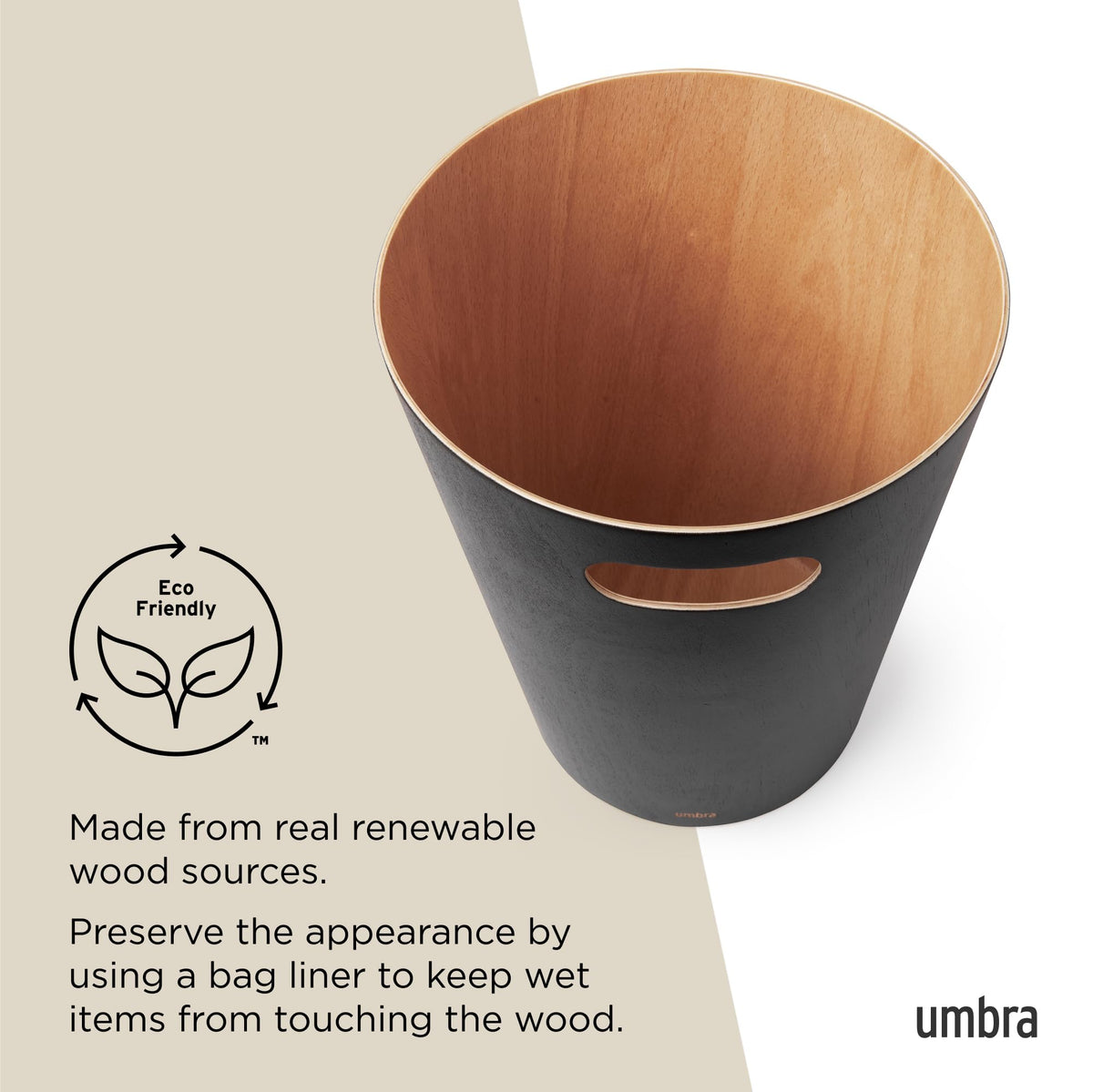 Umbra Woodrow 2 Gallon Modern Wooden Trash Can, Wastebasket, Garbage Can or Recycling Bin for Home or Office, Black/Natural