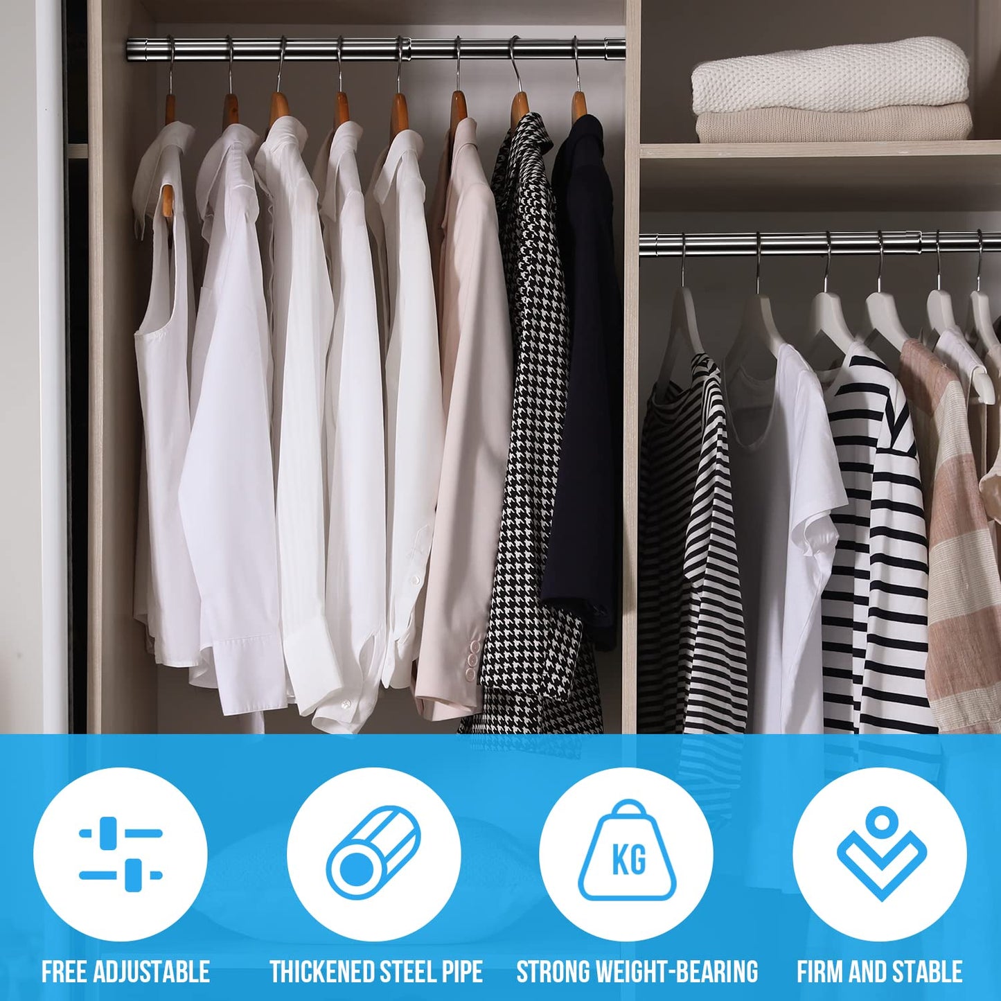 WAENLIR 70cm-120cm Extendable Stainless Steel Wardrobe Rail, Adjustable Clothes Rail Pole With End Sockets.