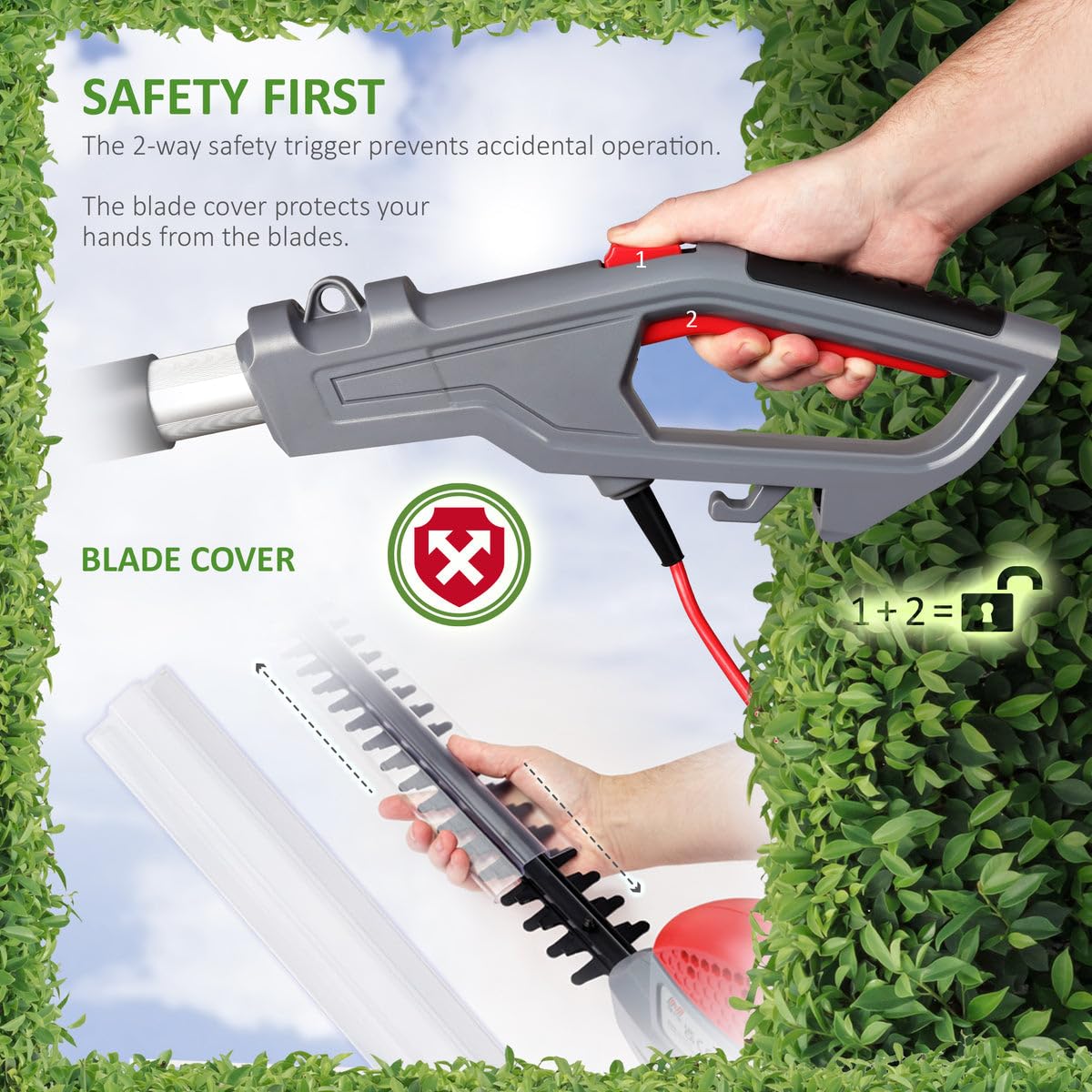 NETTA Pole Hedge Trimmer Long Reach Telescope - 550W Power, 2.7m Extendable Reach, 135? Adjustable Head, 2-Way Safety Switch, Shoulder Strap and 10m
