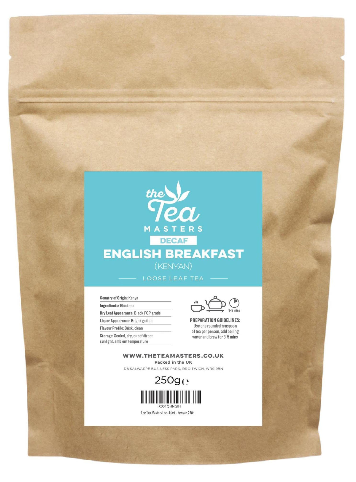 The Tea Masters Loose Leaf Tea - 250g Decaf English Breakfast - Premium, Richly Flavoured Black Leaves - Perfect for Every Teatime