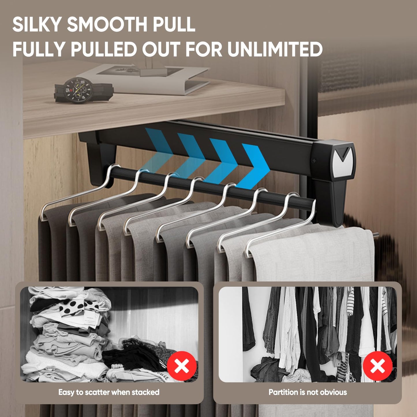 Pull Out Clothes Rail,Pull out Hanger Rail (26-61CM) Steel Adjustable Clothes Rail For Trousers Clothing Storage, Space Saving (61CM)