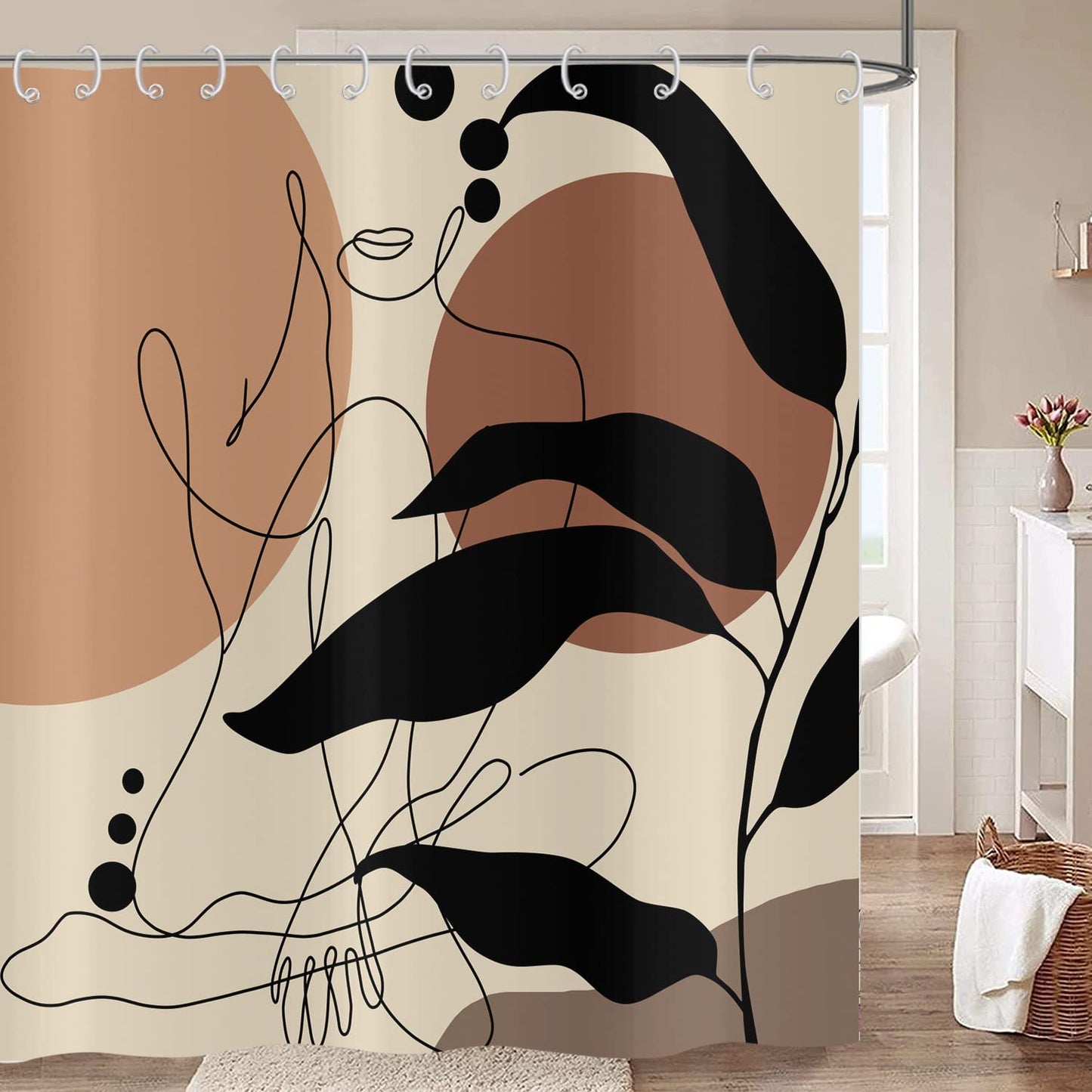 Abstract Woman Shower Curtain 180x200, Hnmdmyi Boho Mid Century Black Leaves Minimalist Line Shapes Modern Aesthetic Art Bathroom Curtains Waterproof