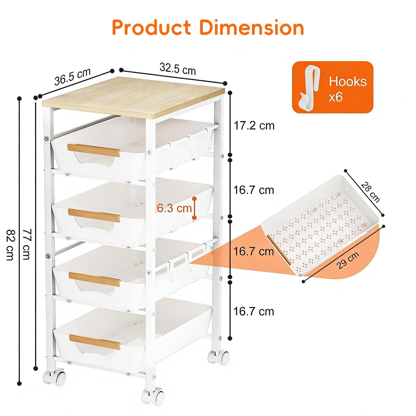 Uwoodia 5-Tier Slim Storage Trolley on Wheels, Metal Kitchen Rolling Cart with Pull-Out Baskets
