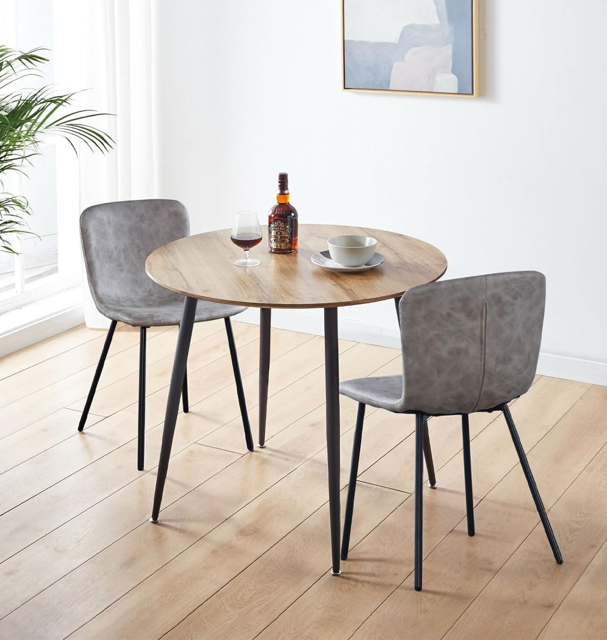 Hallowood Furniture Cullompton Small Round Dining Table and Chairs Set 2, Brown Oak Effect Top Kitchen Table and 2 Chairs in Upholstered Taupe Faux