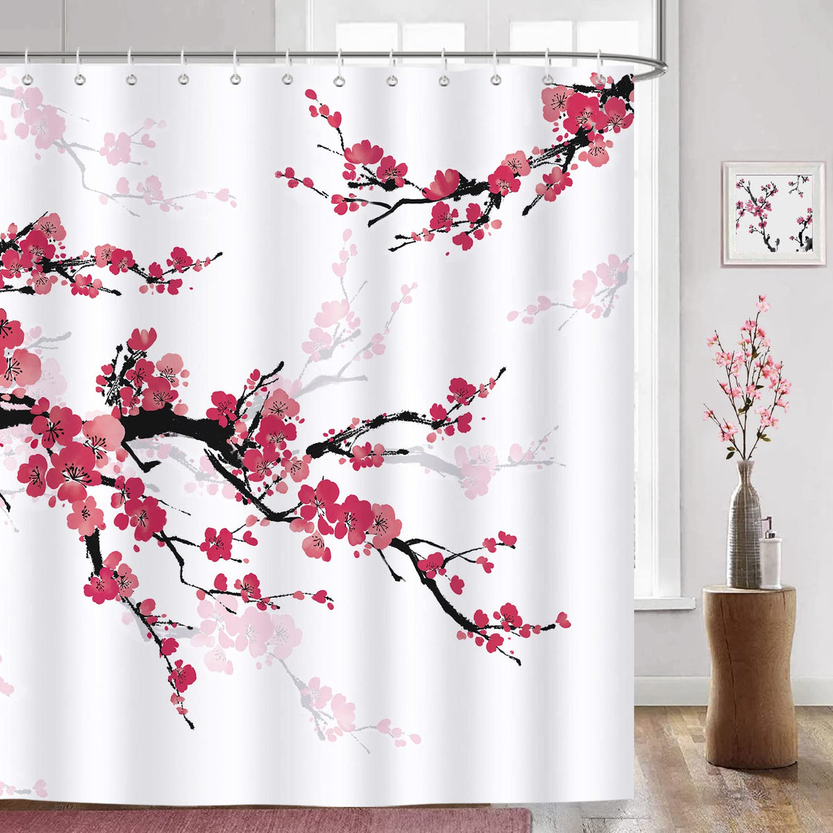 Bonhause Cherry Blossom Shower Curtain Red Plum Floral Japanese Bathroom Curtain 180 x 180 cm Waterproof Mildew & Mould Resistant Polyester Fabric