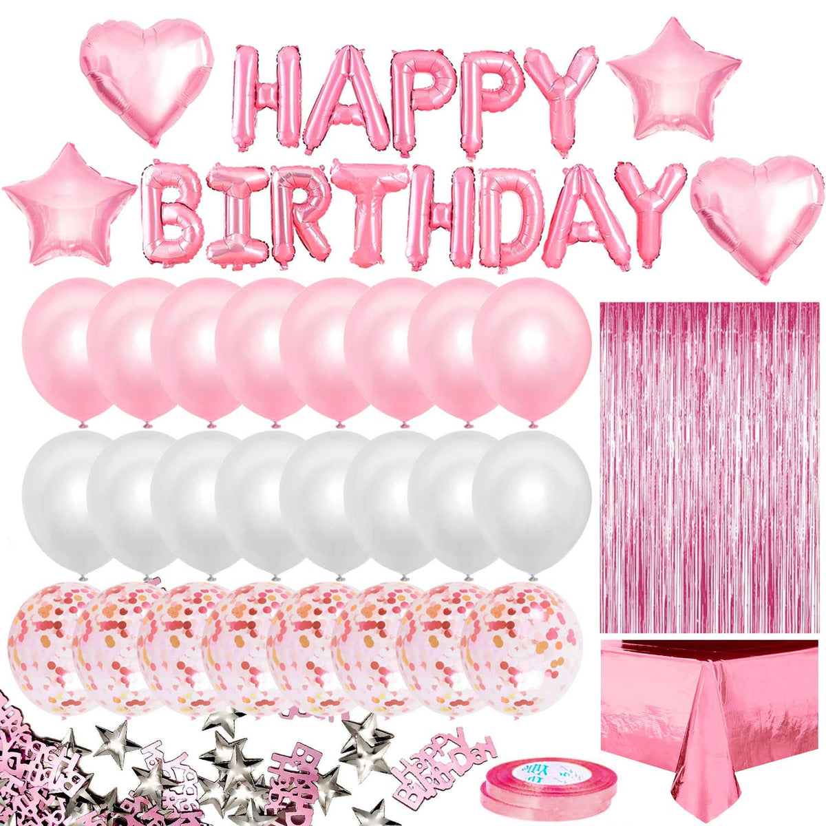 iZoeL Pink Birthday Party Decoration for Girls Happy Birthday Banner Baloons Fringe Curtain Foil Tablecloth Heart Star Foil Confetti Balloons and 10g