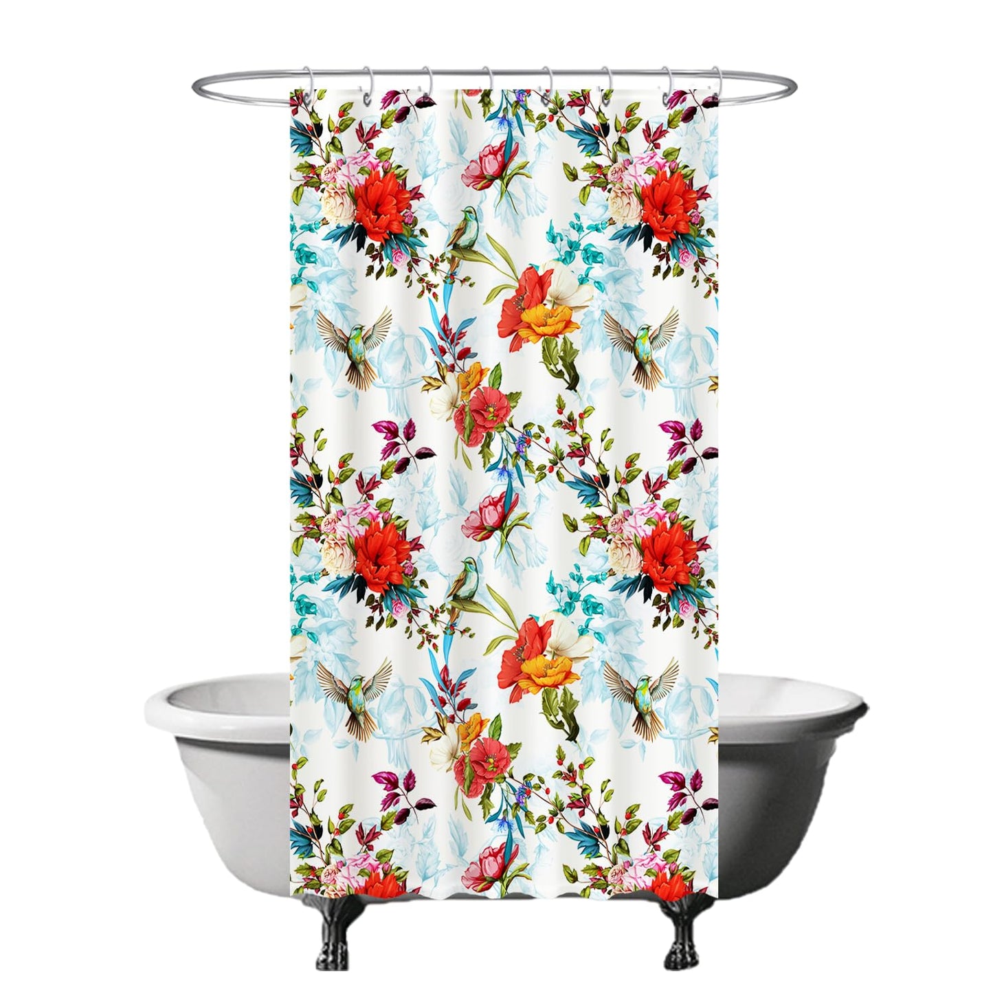 Ulticool Shower Curtain - Flowers Bird Nature Flowers - 120 x 200 cm - Washable - Anti Mould - with 8 Rings - Red Pink Orange Blue Purple Green