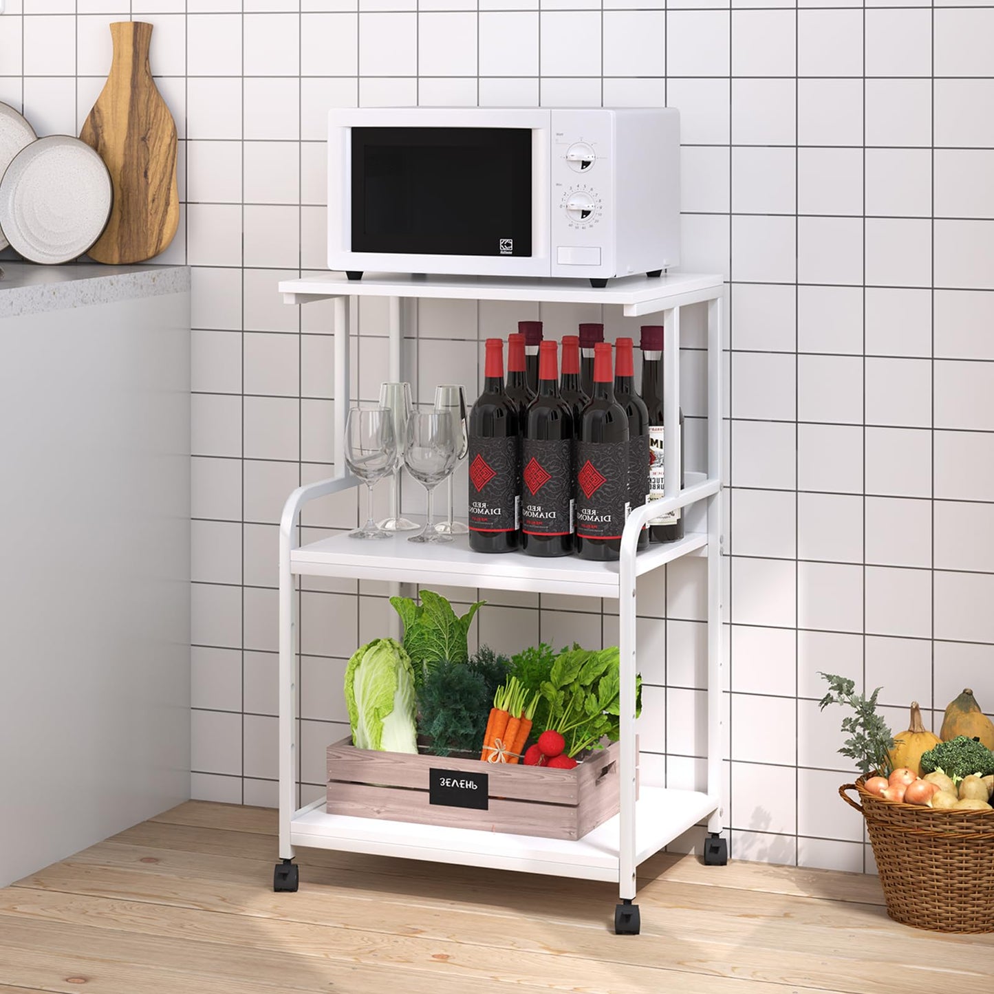3-Tier Printer Stand, Large Printer Table on Wheels, Movable Printer Stand with Storage, Rolling Printer Cart for Fax Scanner Files Media Player