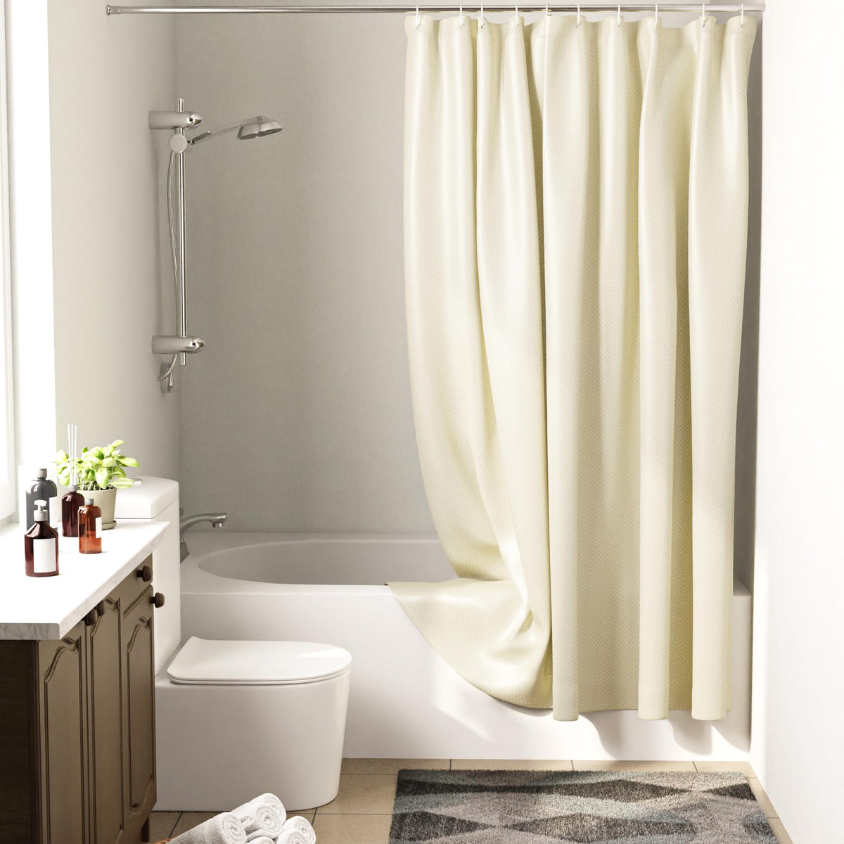Encasa XO Luxury Jacquard Shower Curtain ZZ Cream 72x72 in | Rustproof, Wrinkle-Free, Water-Repellent & Machine Washable | Elegant Heavy Fabric for