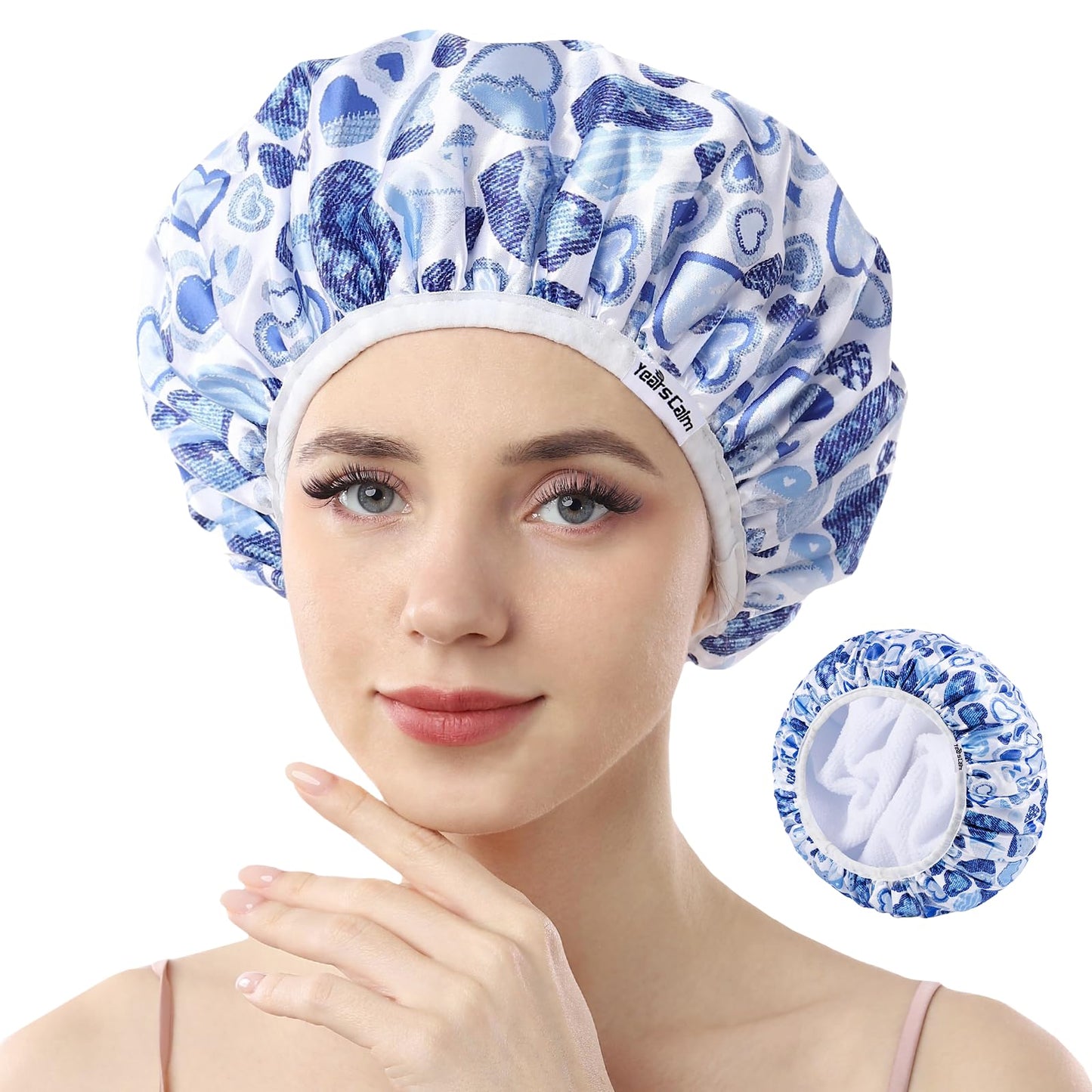 Years calm Terry Lined Shower Cap, Triple Layer Heart Motifs,Waterproof Reusable Elastic,Hair Shower Cap for Women,Terry Cloth Shower Caps for