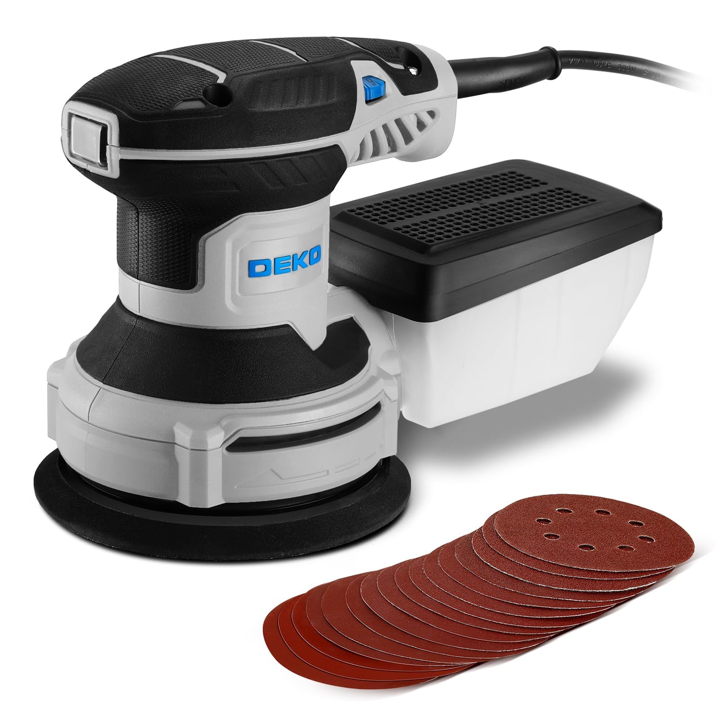 DEKOPRO Random Orbit Sander Electric 300W with 16Pcs Sandpapers, 6 Variable Speed 14000RPM, 125MM Hand Tool, Dust Removal Function, Fit for