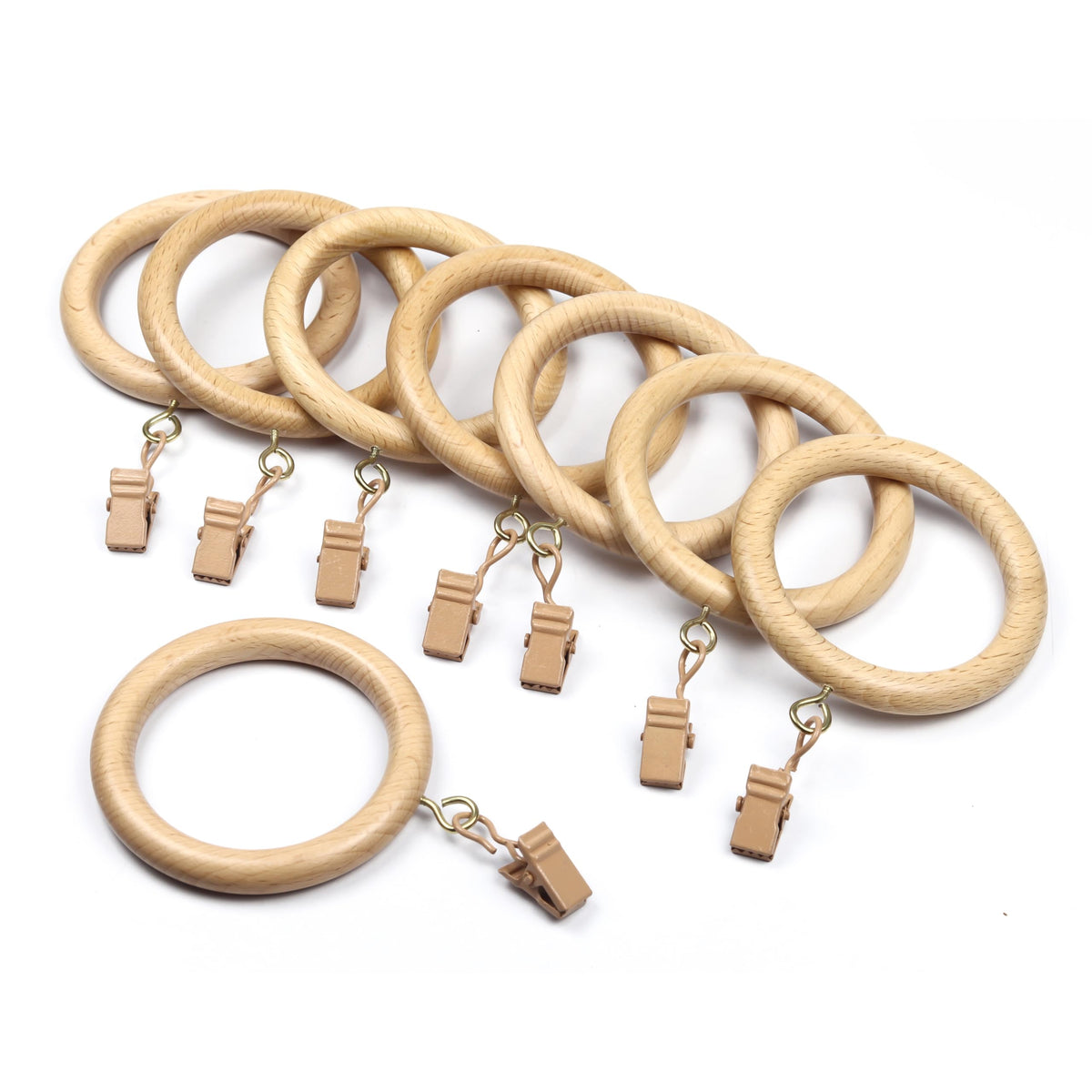 50 Pieces Beechwood Curtain Rings with Clips ? Fits 1.25 to 2 Inch Curtain Rods (2.2 Inch Inner Diameter)