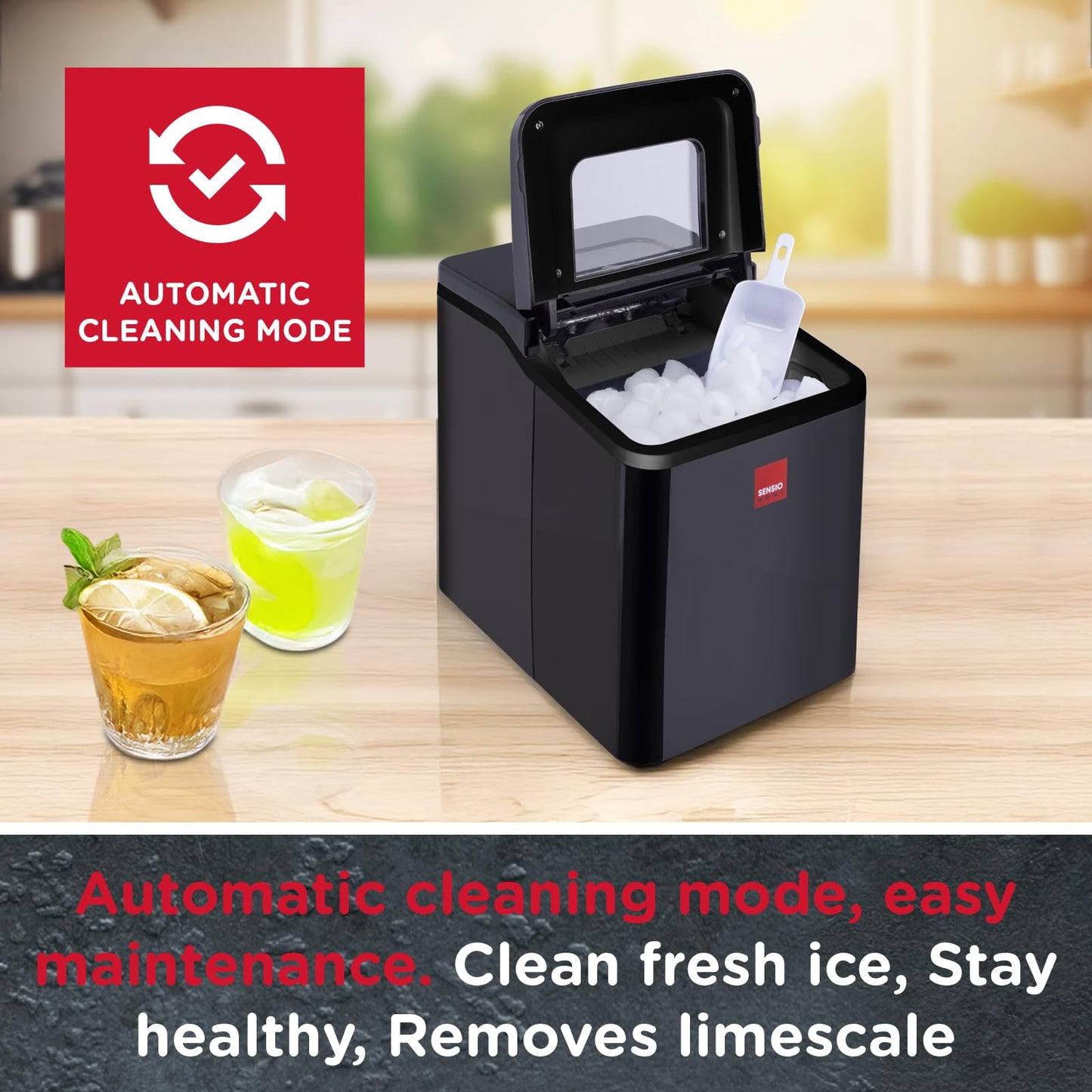 Sensio Home Ice Cube Maker Countertop Machine 9 Ice Cubes in Minutes, 12KG of Ice in 24 Hours, Large & Small Ice, Self Cleaning, With Ice Basket &
