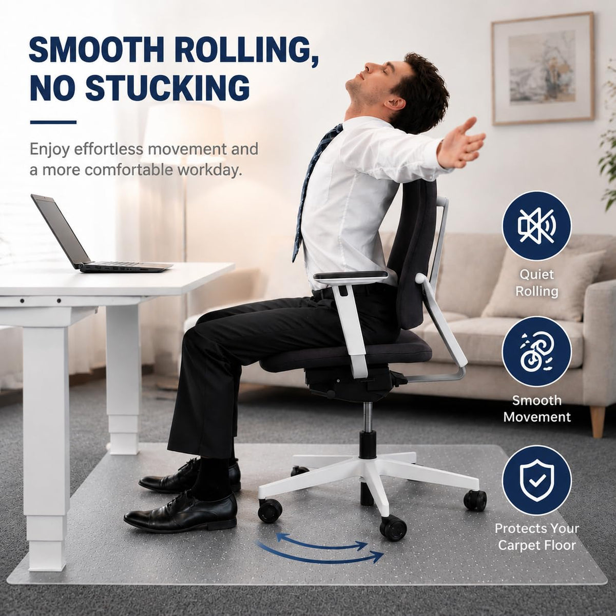 Thickened Office Chair Mat for Carpet, 120×90cm Rectangular, 3mm Thick Clear Heavy Duty Floor Protector with Anti-Slip Particles for Office & Home