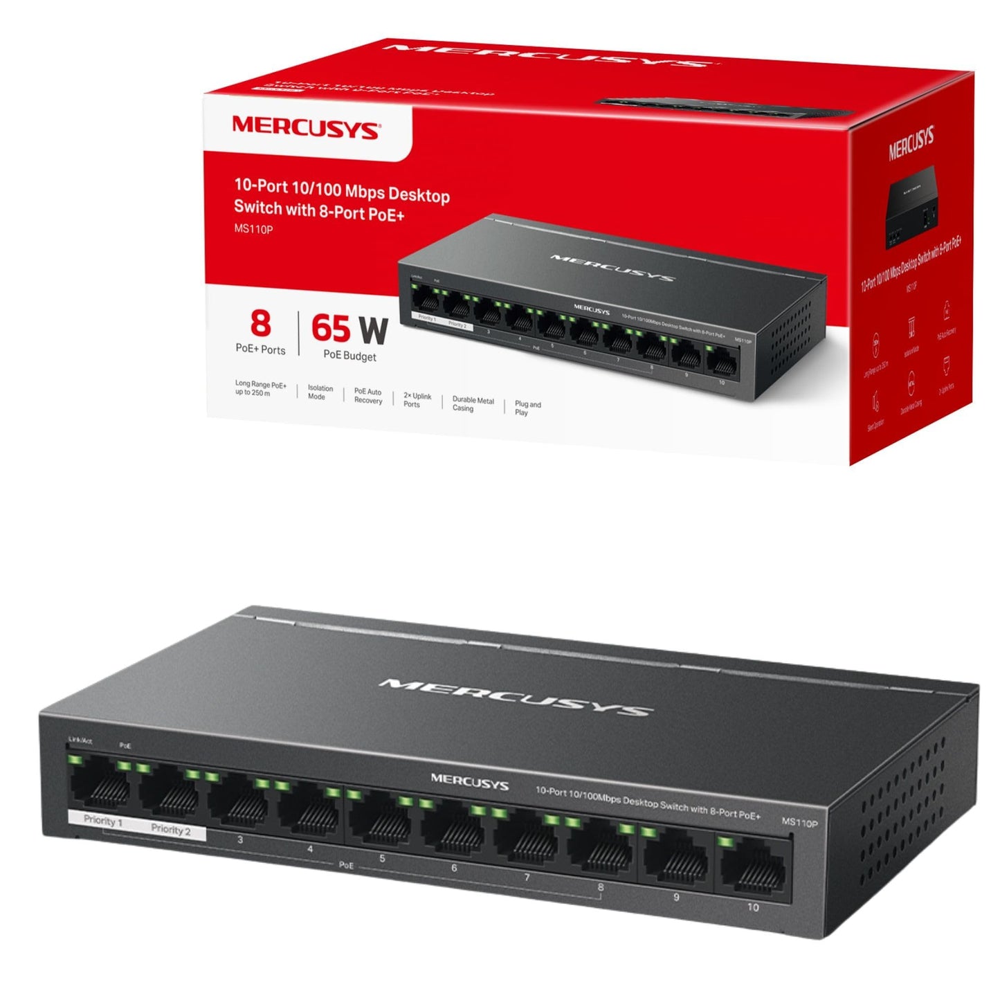 MERCUSYS 10-Port 10/100Mbps Desktop Switch with 8-Port PoE+, PoE Power Budget 65W, compatible with 802.3af/at PDs, Power management, metal case, Plug