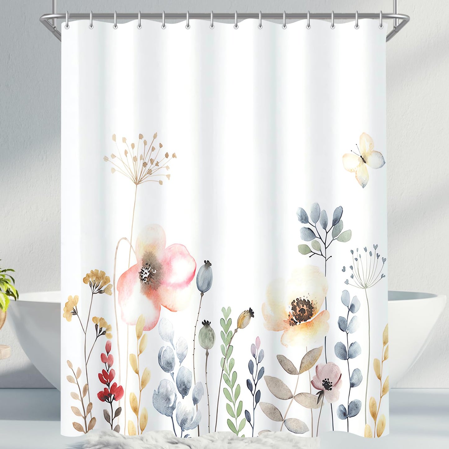 Lerores Shower Curtain 180 x 200 cm, Flowers Plant Weighted Hem, Anti-Mould Textile, Water-Repellent, Washable Polyester Fabric Bath Curtains for