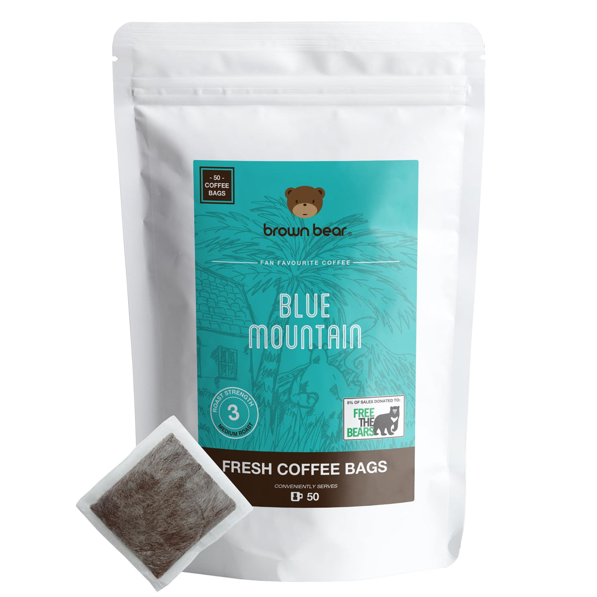 Medium Roast Coffee Bags - Pack of 50 - Brown Bear Blue Mountain Blend - Strength 3 - Donation to Free The Bears - Individual Arabica Ground Coffee
