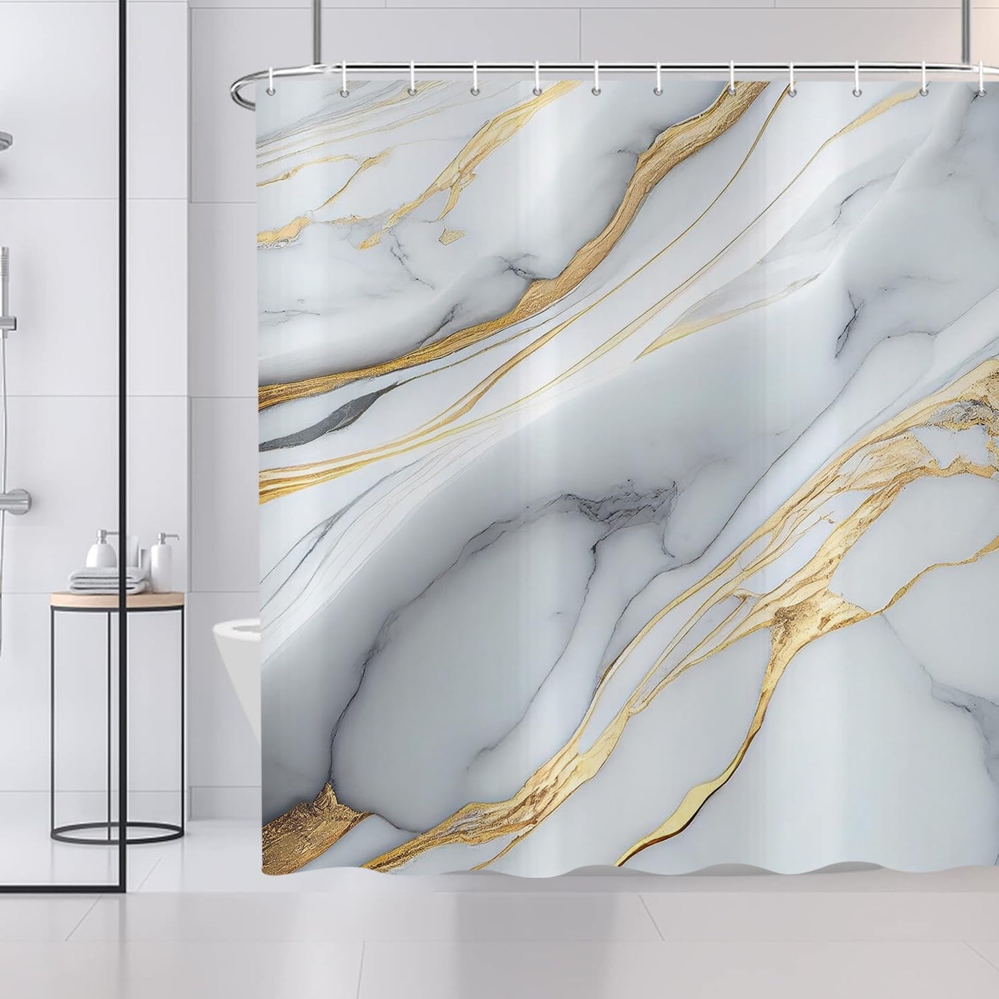 ASDCXZ Shower Curtain Marble 180x200 cm, Modern Abstract Grey Cyan Gold White Marble Optic Texture Washable Fabric Shower Curtains Polyester