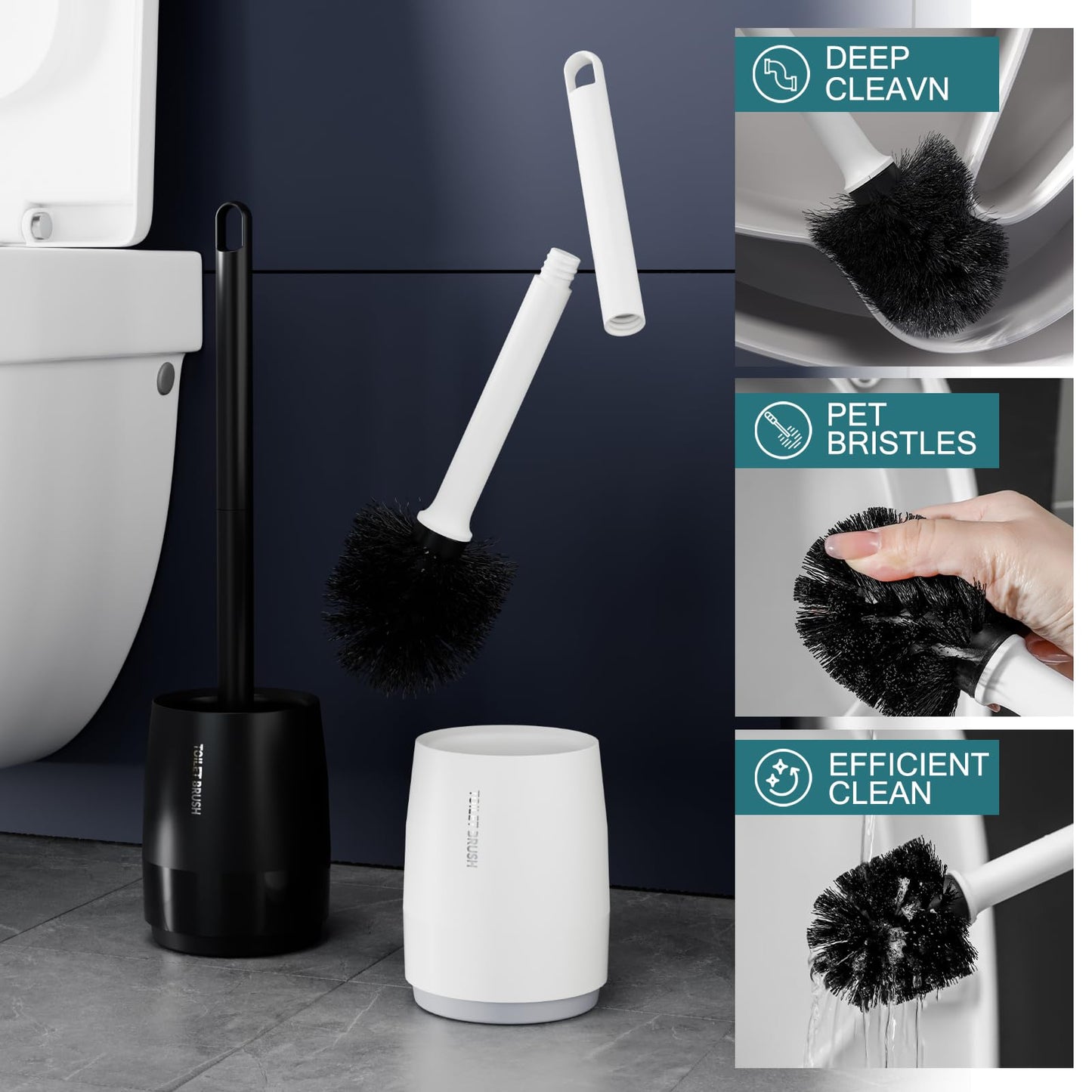 Bathroom Bin with Loo Brush Set, 5L Slim Round Stainless Steel, White
