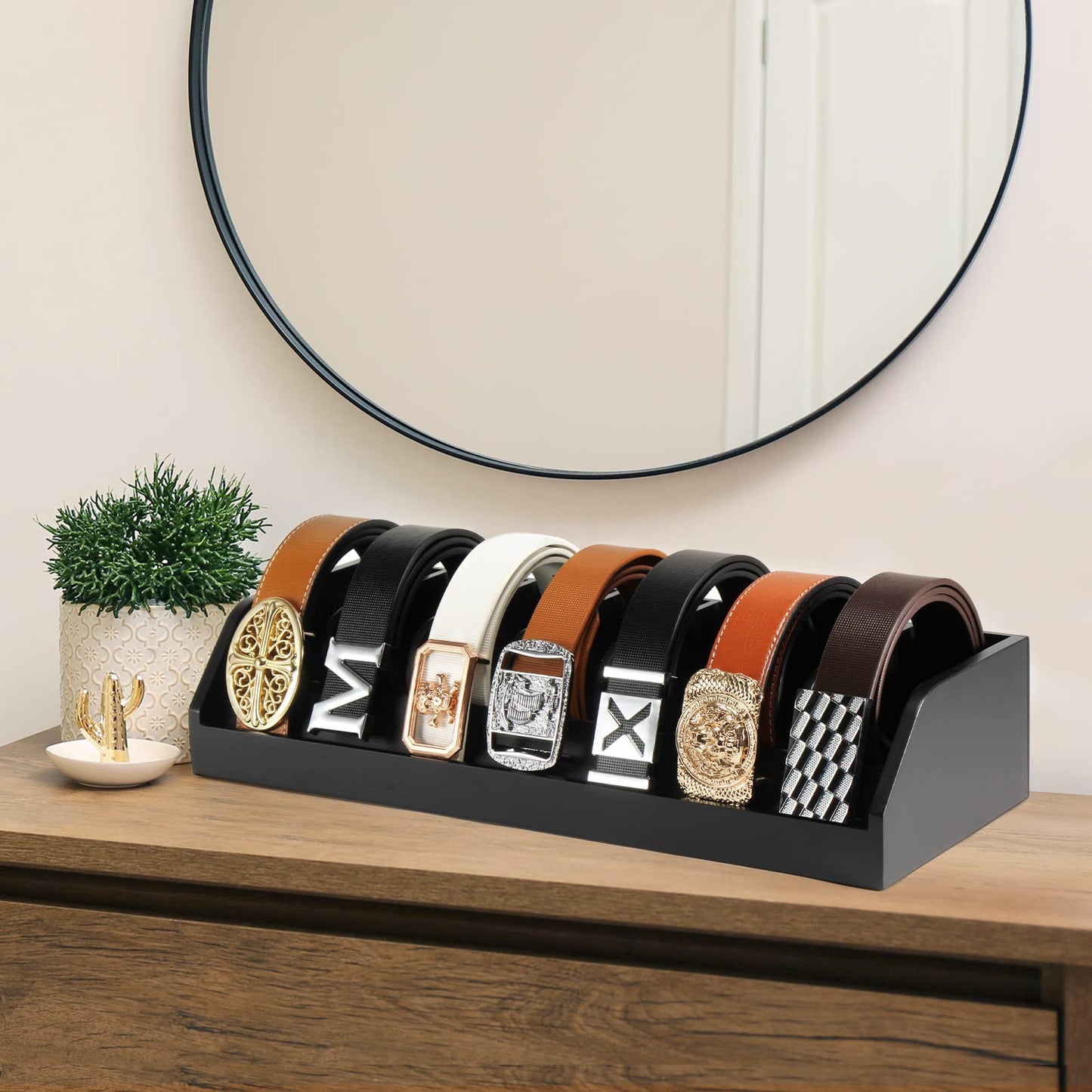 B4Life Belt Organizer-Father's day gift, 7 Compartments Belt Display Rack for Men, Bamboo Belt Holder for Closet and Drawer, Belt Display Case Belt