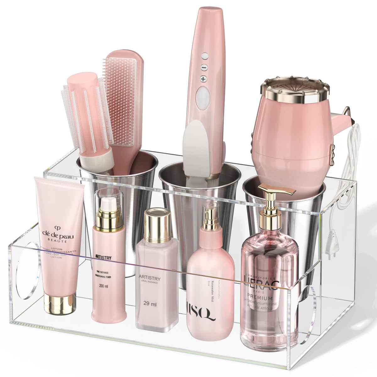 NIUBEE Hair Dryer Holder, Clear Acrylic Hair Tools and Styling Organizer, Bathroom Countertop Blow Dryer Holder, Vanity Caddy Storage Stand for