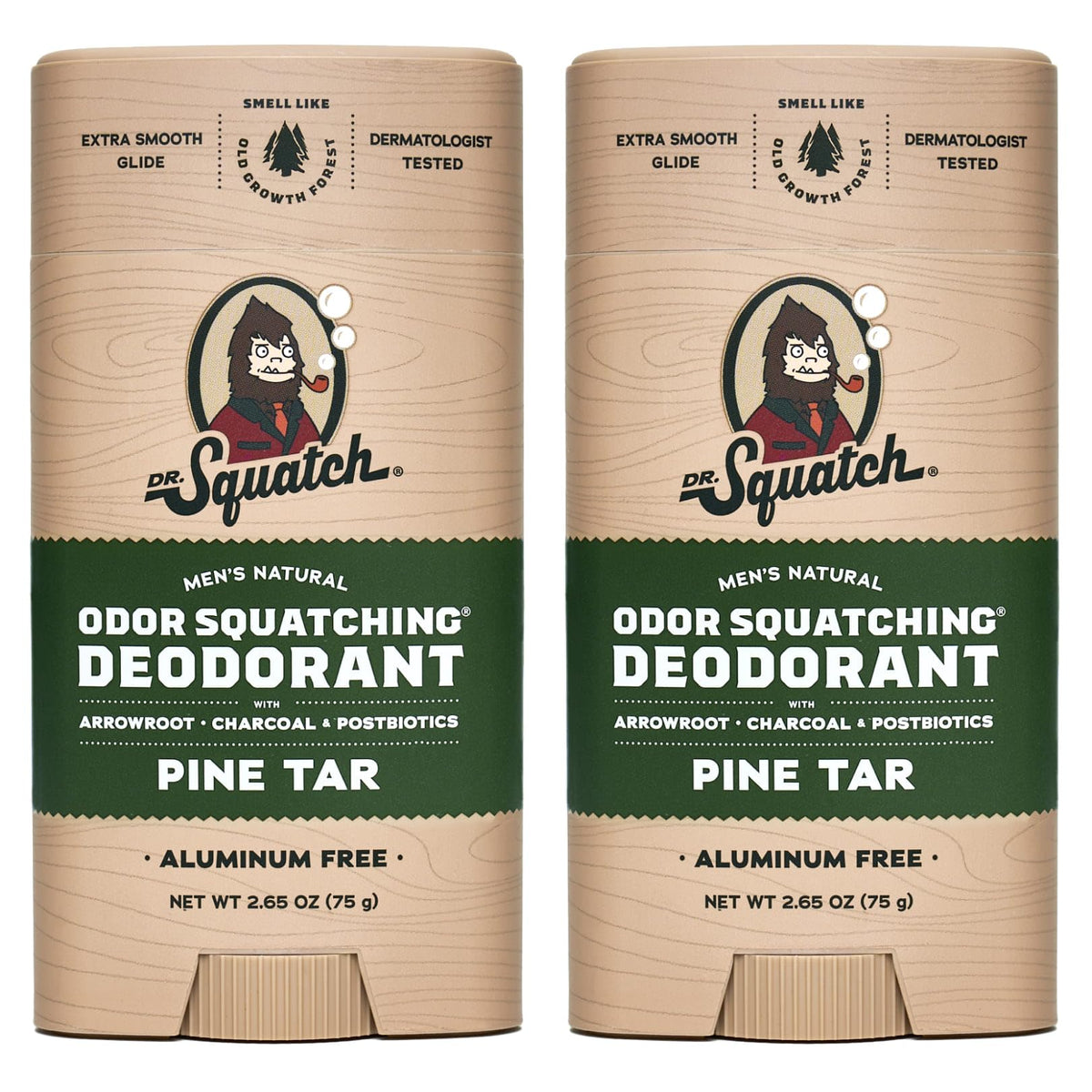 Dr. Squatch Natural Deodorant for Men 2 Pack Pine Tar ? Odor-Squatching Men's Deodorant Aluminum Free (2.65 oz, 2 Pack)
