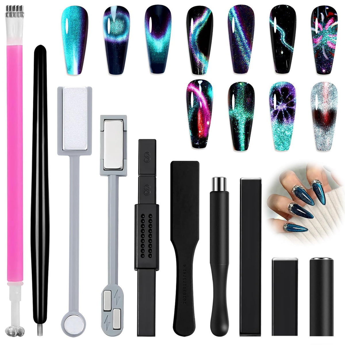 Allstarry 10pcs Nail Magnet Tool Set, Double-head Strong Suction Nail Magnet Stick Cat Eye Flower Design Nail Magnets Pen Plate Wand Board for 9D