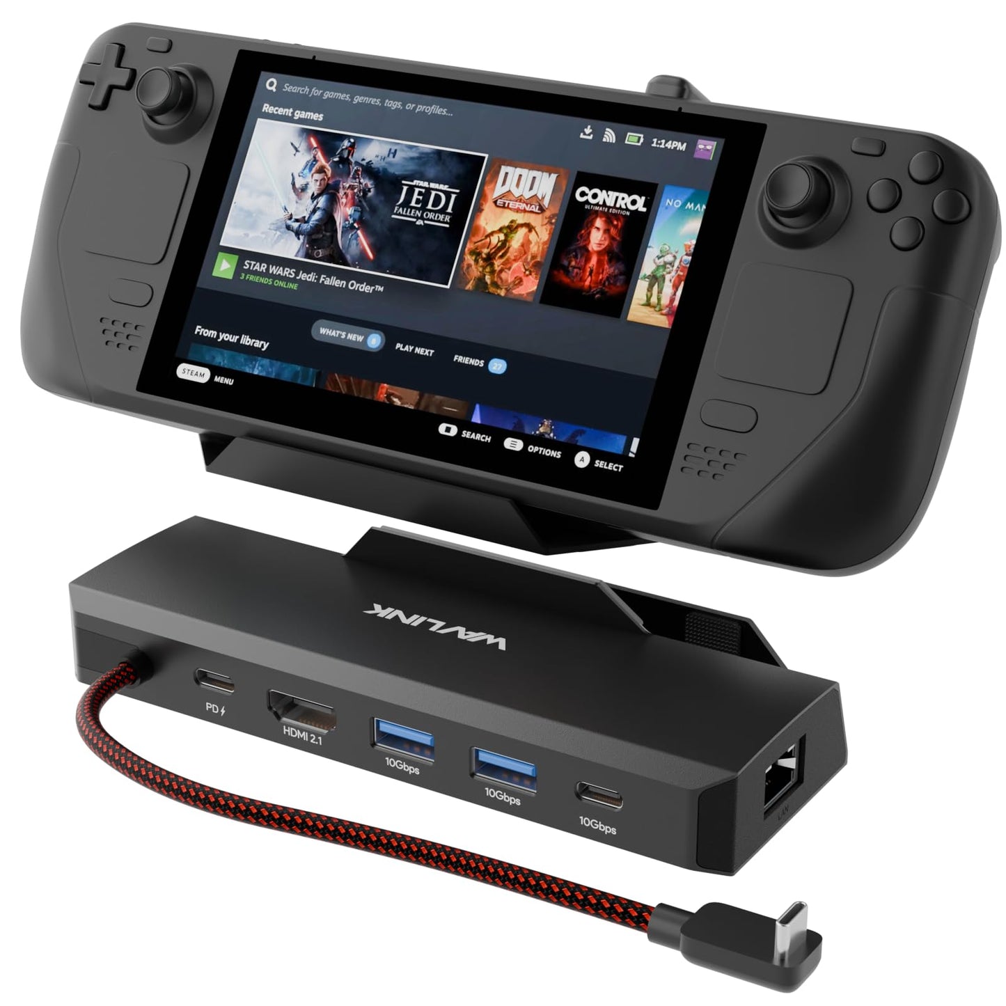 WAVLINK Steam Deck Dock, 6-IN-1 Docking Station for Steam Deck/ROG Ally with 4K@144Hz HDMI 2.1, 100W PD IN, 3x 10G USB 3.2, Gigabit RJ45